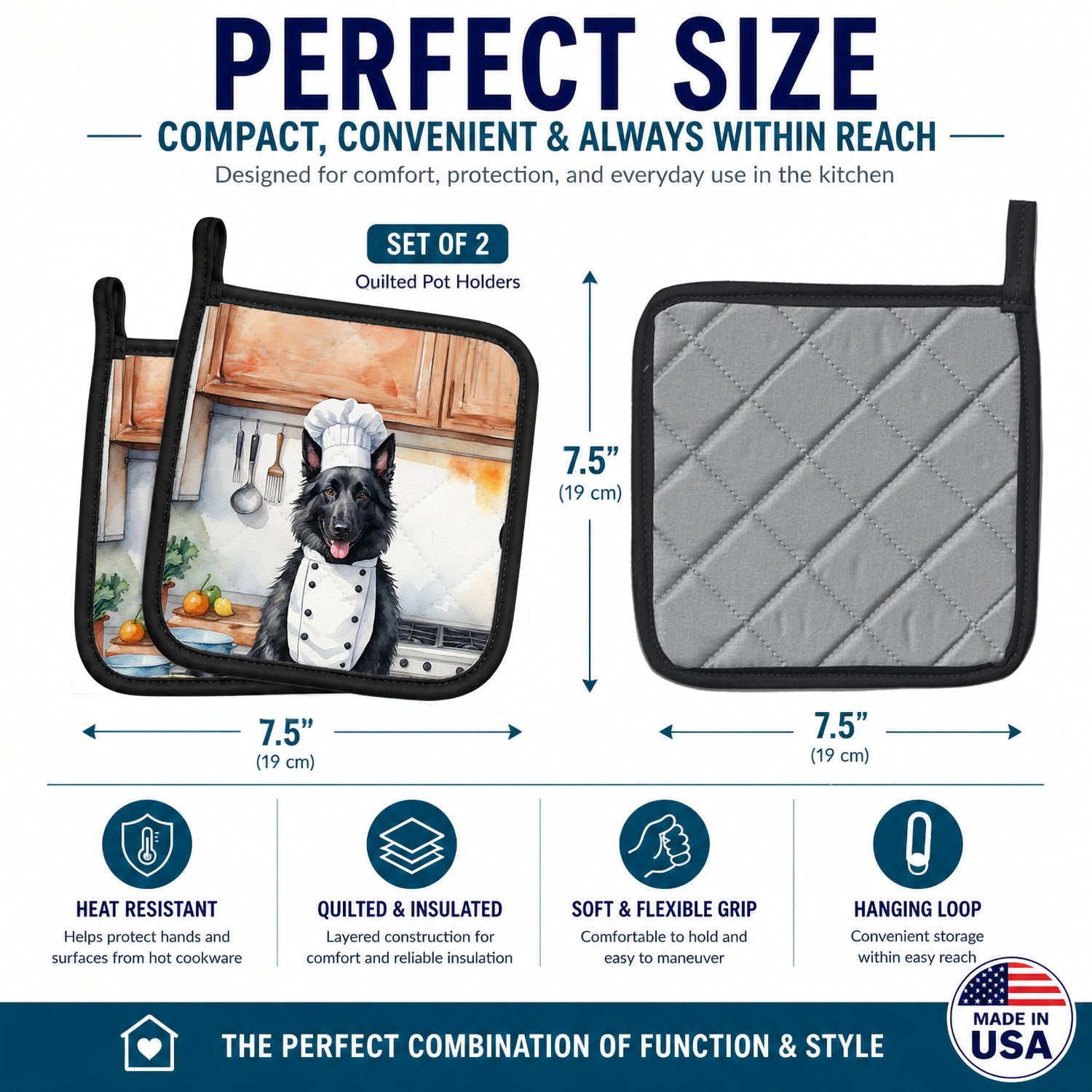 Belgian Sheepdog The Chef Pot Holder Set of 2 Heat Resistant Quilted Hot Pads 7.5 x 7.5 Inch, Insulated Kitchen Trivets for Cooking & Baking