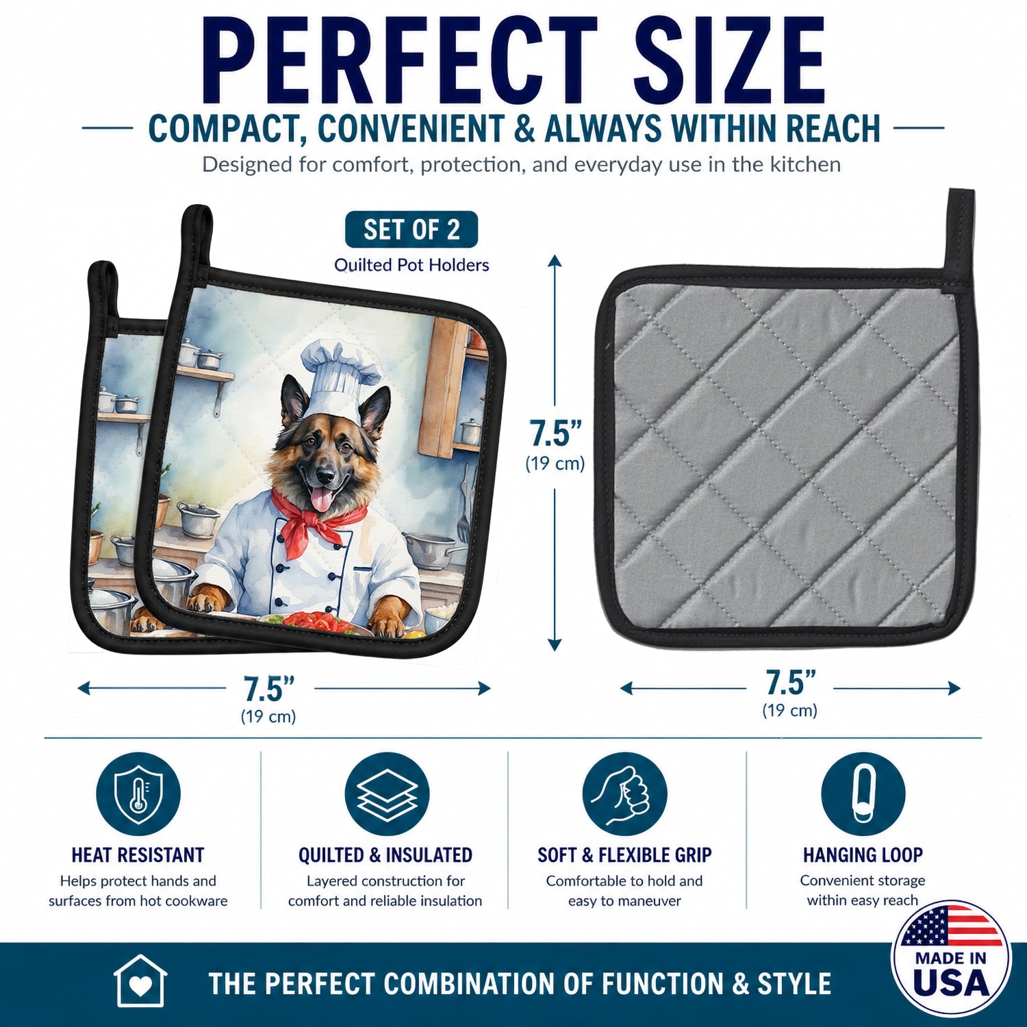 Belgian Tervuren The Chef Pot Holder Set of 2 Heat Resistant Quilted Hot Pads 7.5 x 7.5 Inch, Insulated Kitchen Trivets for Cooking & Baking