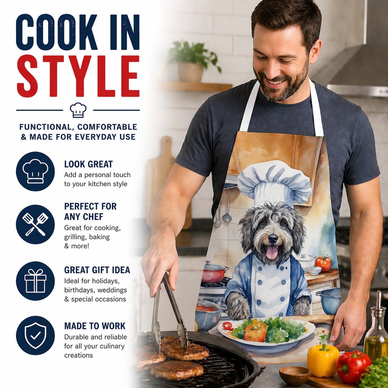 Bergamasco Sheepdog The Chef Apron Cooking Kitchen Server Baking Crafts Gardening for Adult Women Men, Unisex, Large, Multicolor