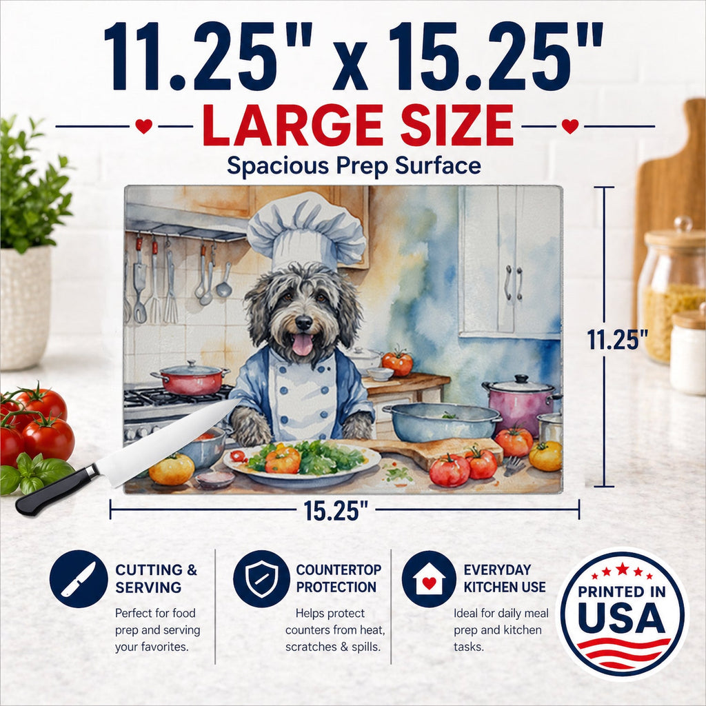 Bergamasco Sheepdog The Chef Cutting Board Tempered Glass Kitchen Cutting Surface, Heat Resistant Chopping, Non-Slip Feet, Food Prep & Serving