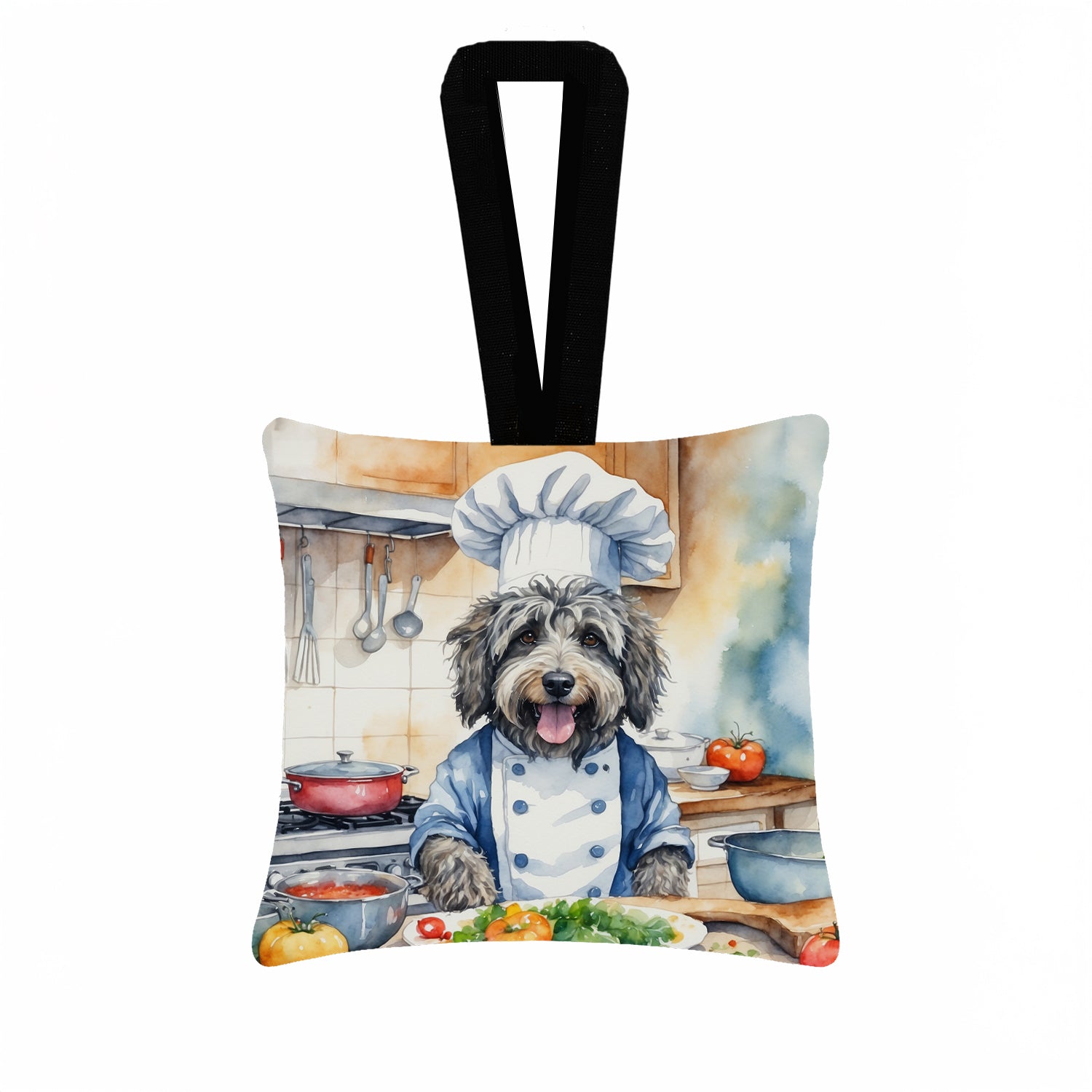 Bergamasco Sheepdog The Chef Hanging Square Fabric Ornament 3.5 × 3.5 Decorative Door-Knob & Tree Hanger, Soft Fabric