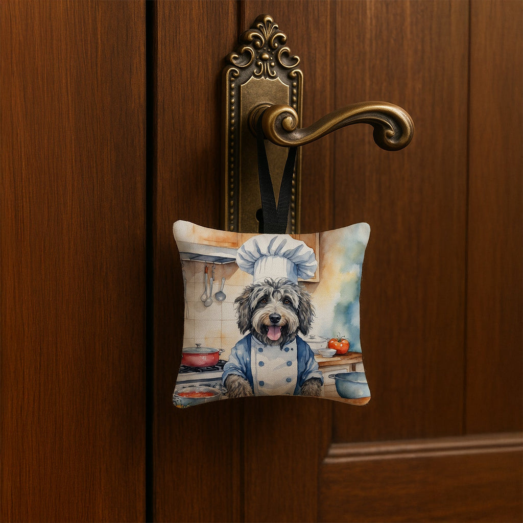 Bergamasco Sheepdog The Chef Hanging Square Fabric Ornament 3.5 × 3.5 Decorative Door-Knob & Tree Hanger, Soft Fabric