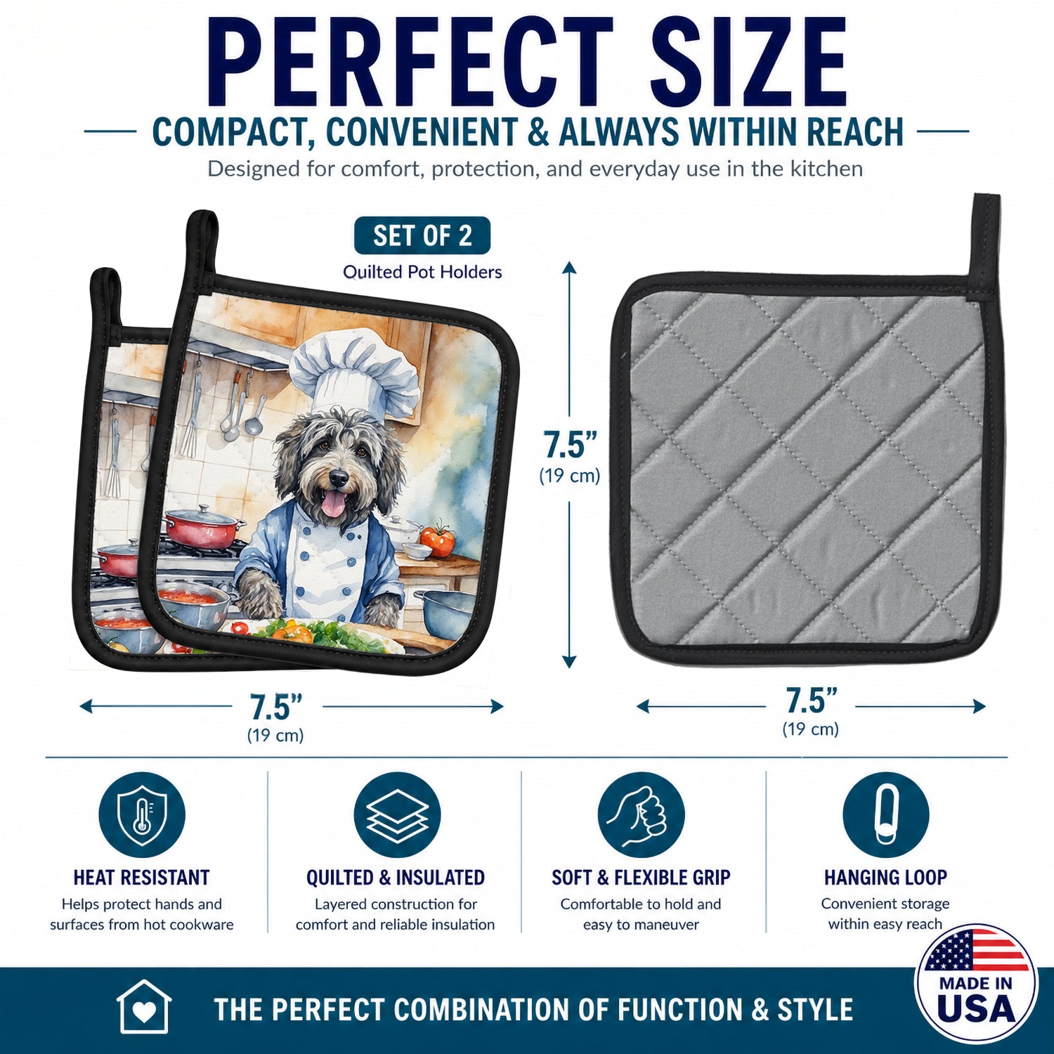 Bergamasco Sheepdog The Chef Pot Holder Set of 2 Heat Resistant Quilted Hot Pads 7.5 x 7.5 Inch, Insulated Kitchen Trivets for Cooking & Baking