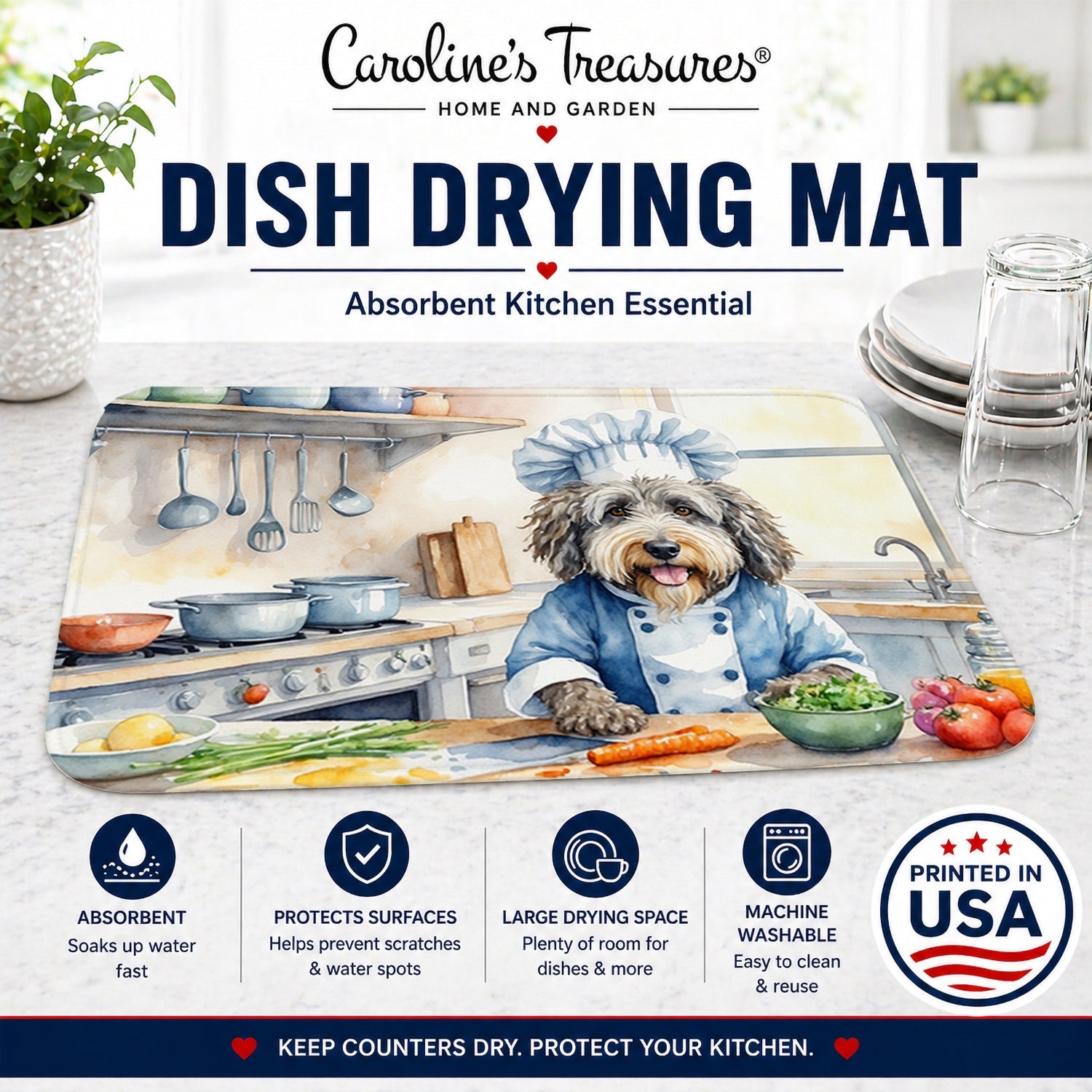 Bergamasco Sheepdog The Chef Dish Drying Mat Absorbent Dish Drying Mat Pad for Kitchen Counter Dish Drainer Mat for Countertop, 14 x 21", Multicolor