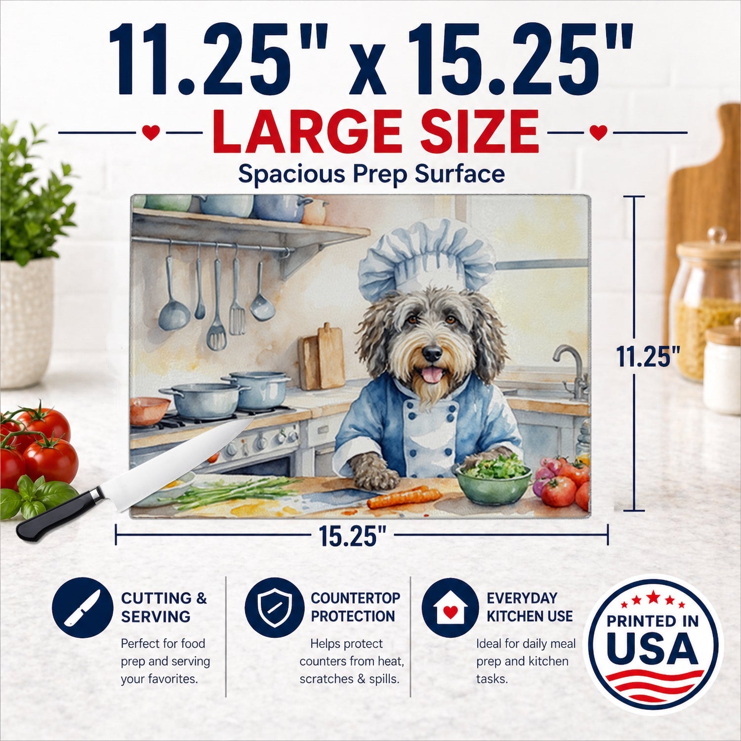 Bergamasco Sheepdog The Chef Cutting Board Tempered Glass Kitchen Cutting Surface, Heat Resistant Chopping, Non-Slip Feet, Food Prep & Serving