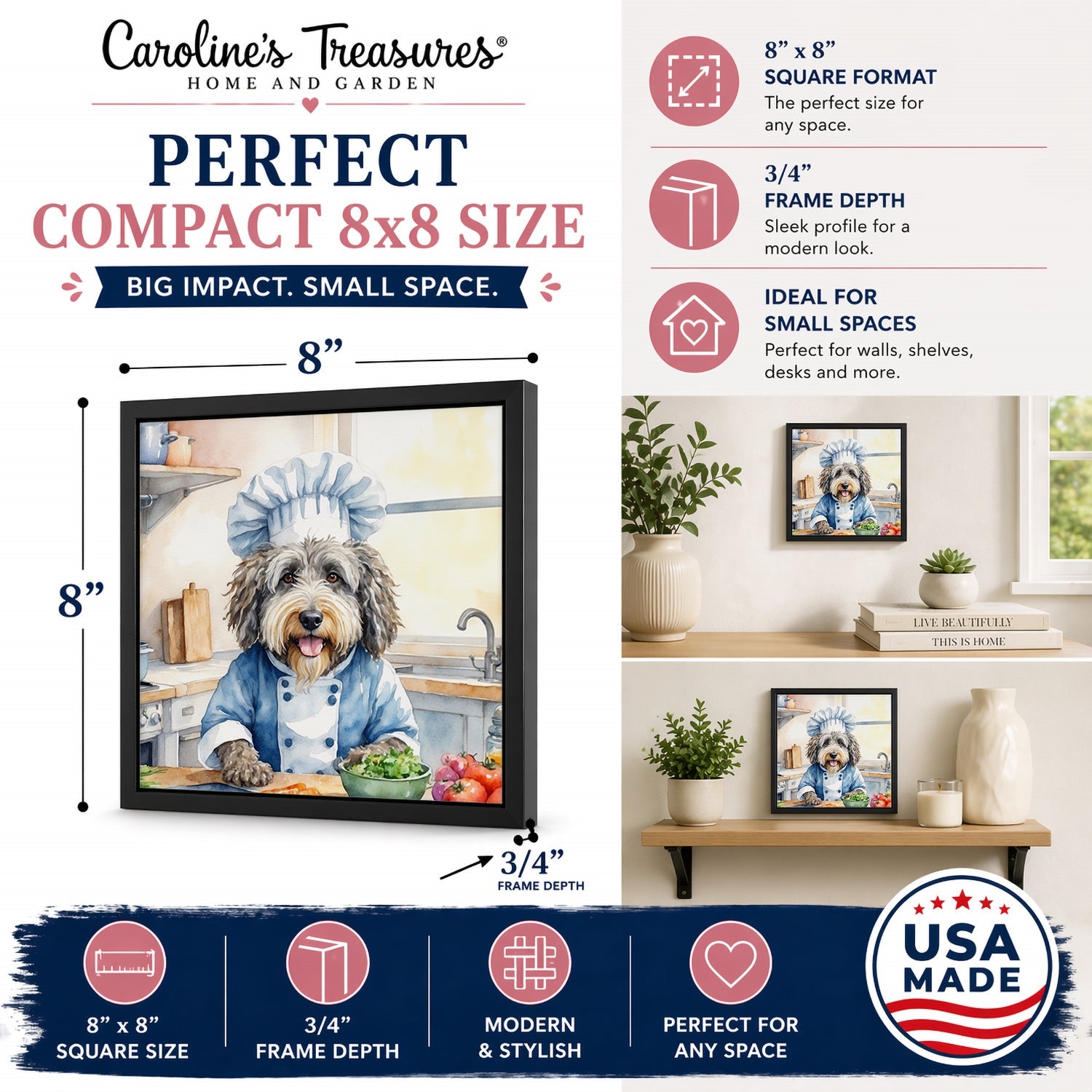 Bergamasco Sheepdog The Chef Framed Metal Print Bathroom, Kitchen, Office, Home Decor Wall Art Ready to Hang, Square, 8X8