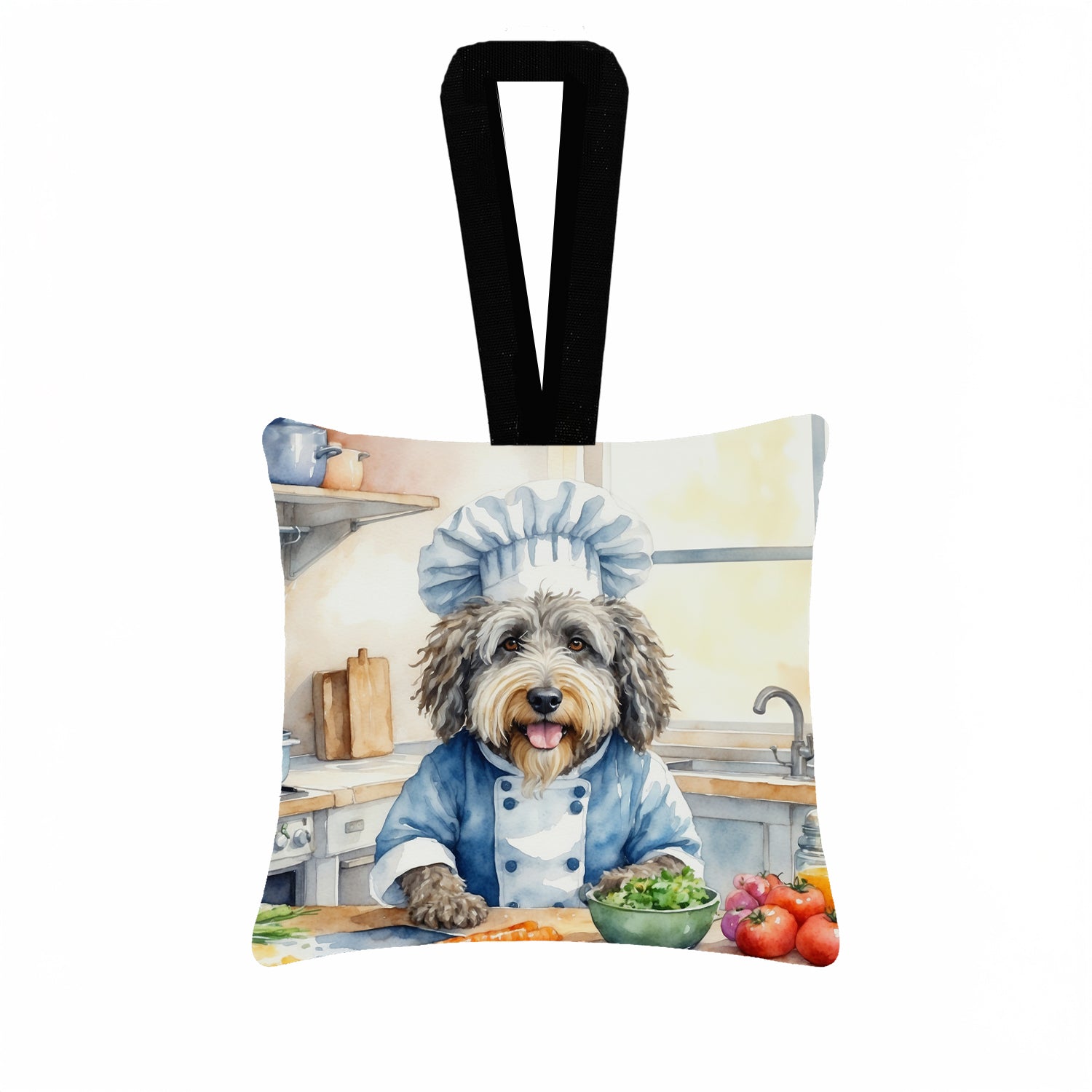 Bergamasco Sheepdog The Chef Hanging Square Fabric Ornament 3.5 × 3.5 Decorative Door-Knob & Tree Hanger, Soft Fabric