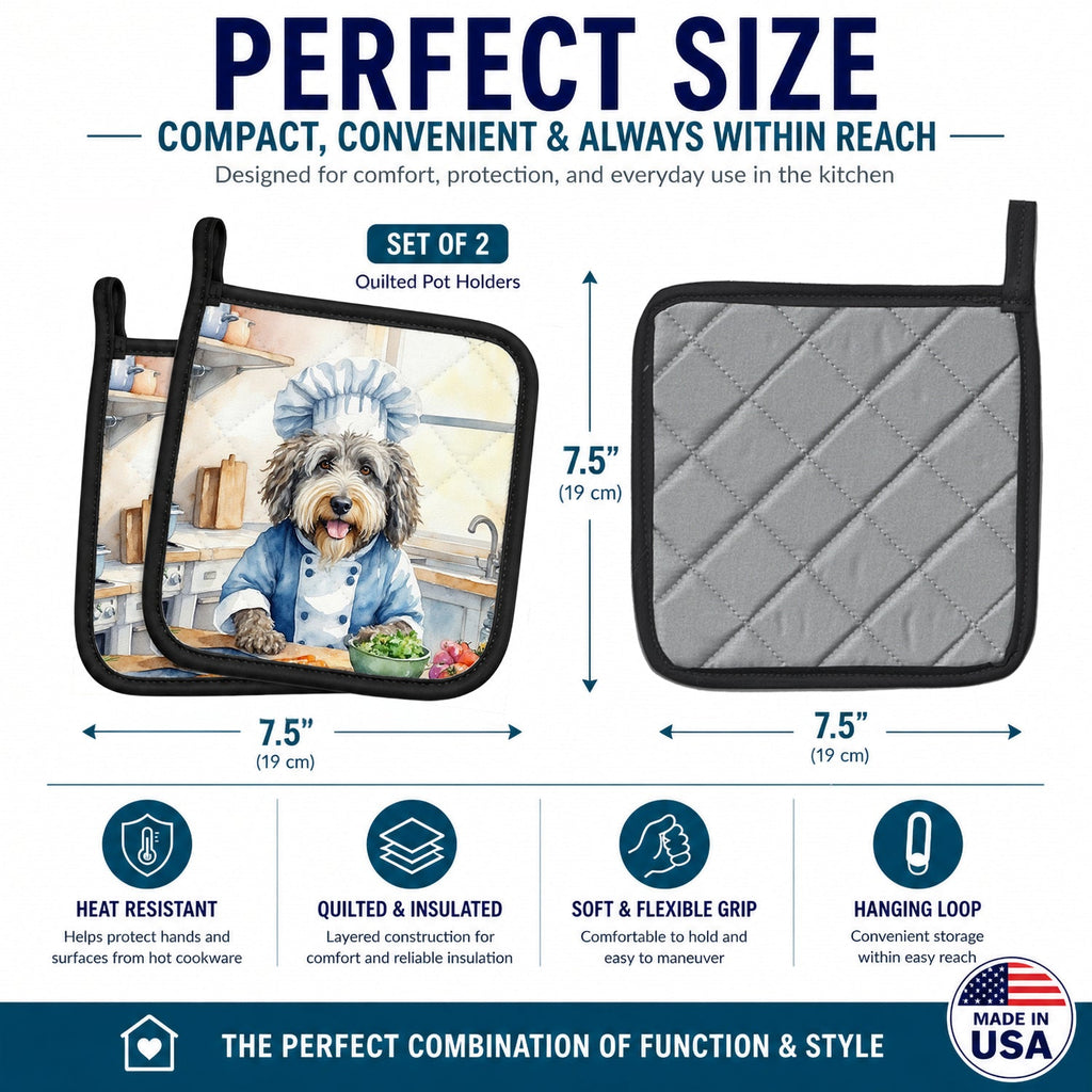 Bergamasco Sheepdog The Chef Pot Holder Set of 2 Heat Resistant Quilted Hot Pads 7.5 x 7.5 Inch, Insulated Kitchen Trivets for Cooking & Baking