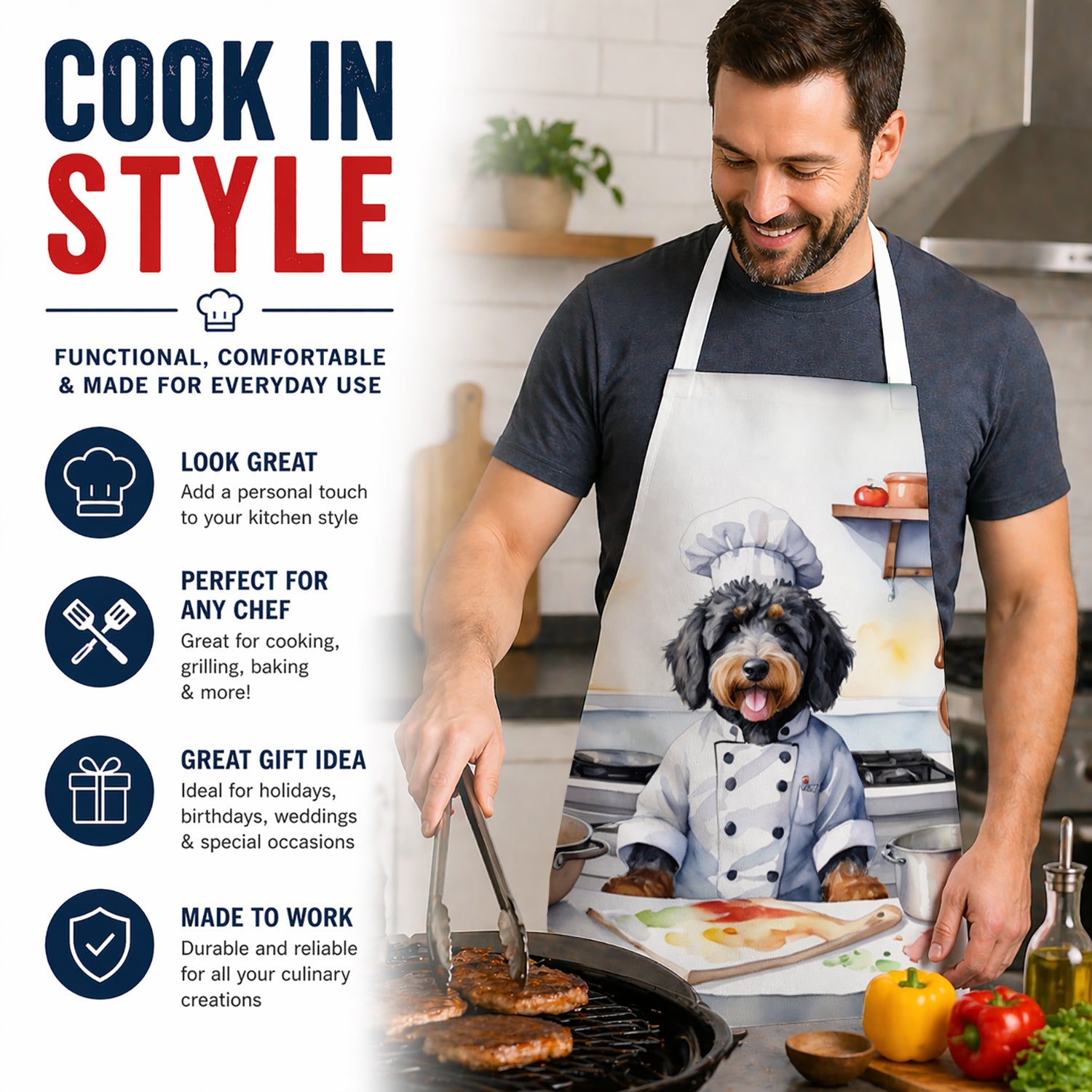 Bernedoodle The Chef Apron Cooking Kitchen Server Baking Crafts Gardening for Adult Women Men, Unisex, Large, Multicolor