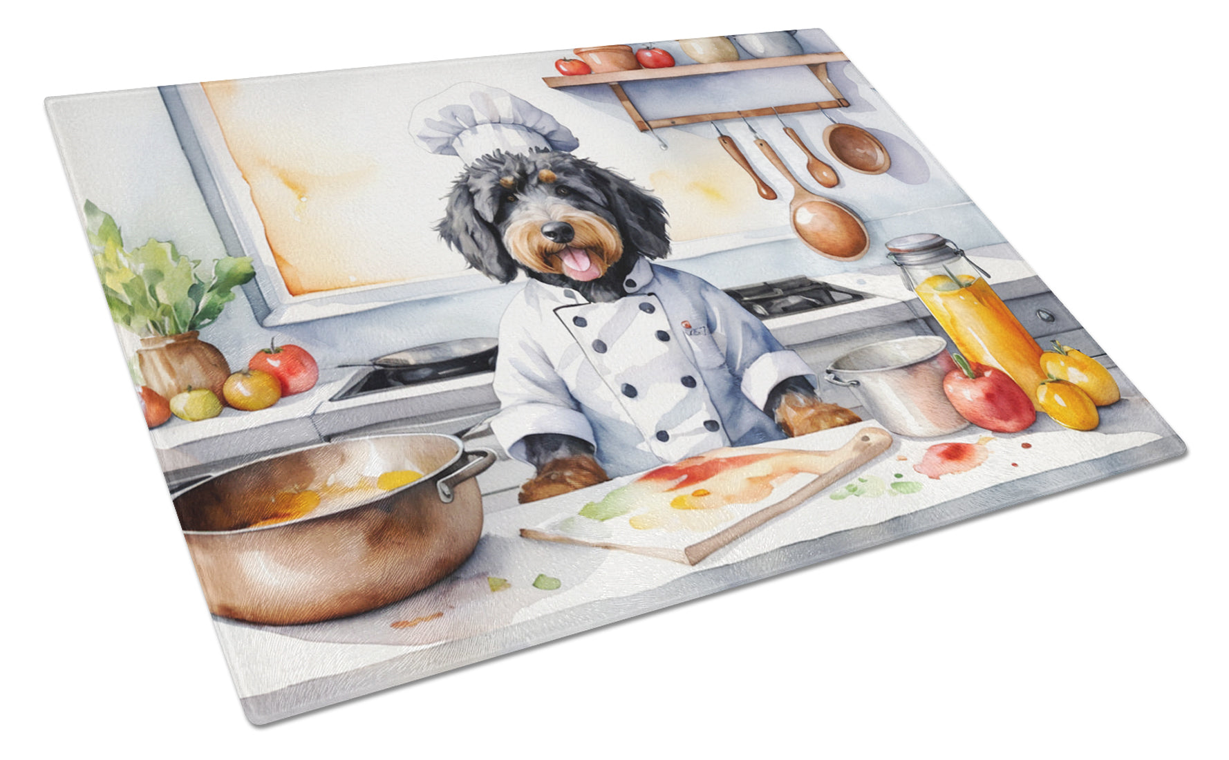 Bernedoodle The Chef Cutting Board Tempered Glass Kitchen Cutting Surface, Heat Resistant Chopping, Non-Slip Feet, Food Prep & Serving
