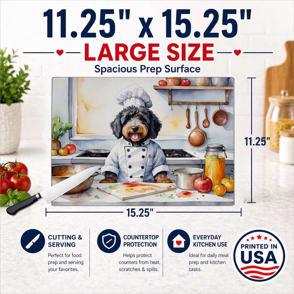 Bernedoodle The Chef Cutting Board Tempered Glass Kitchen Cutting Surface, Heat Resistant Chopping, Non-Slip Feet, Food Prep & Serving