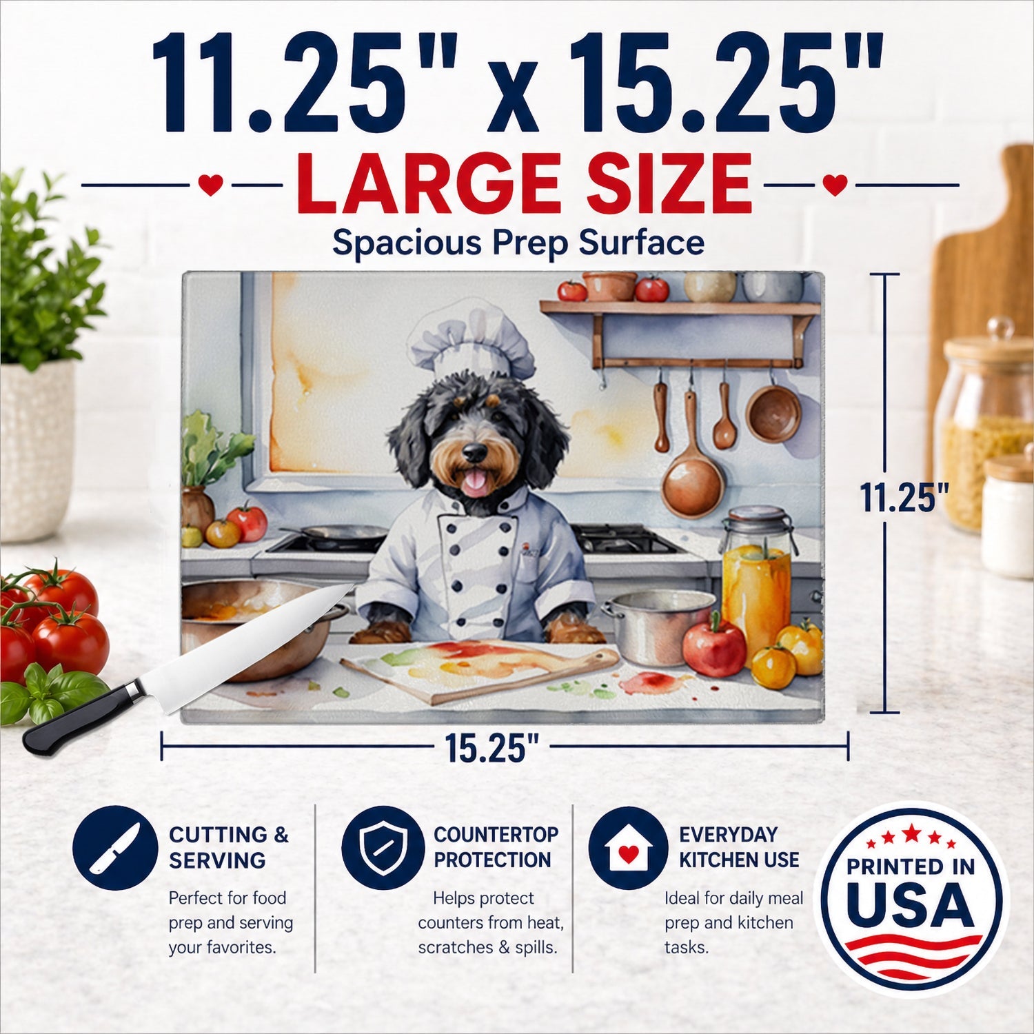 Bernedoodle The Chef Cutting Board Tempered Glass Kitchen Cutting Surface, Heat Resistant Chopping, Non-Slip Feet, Food Prep & Serving