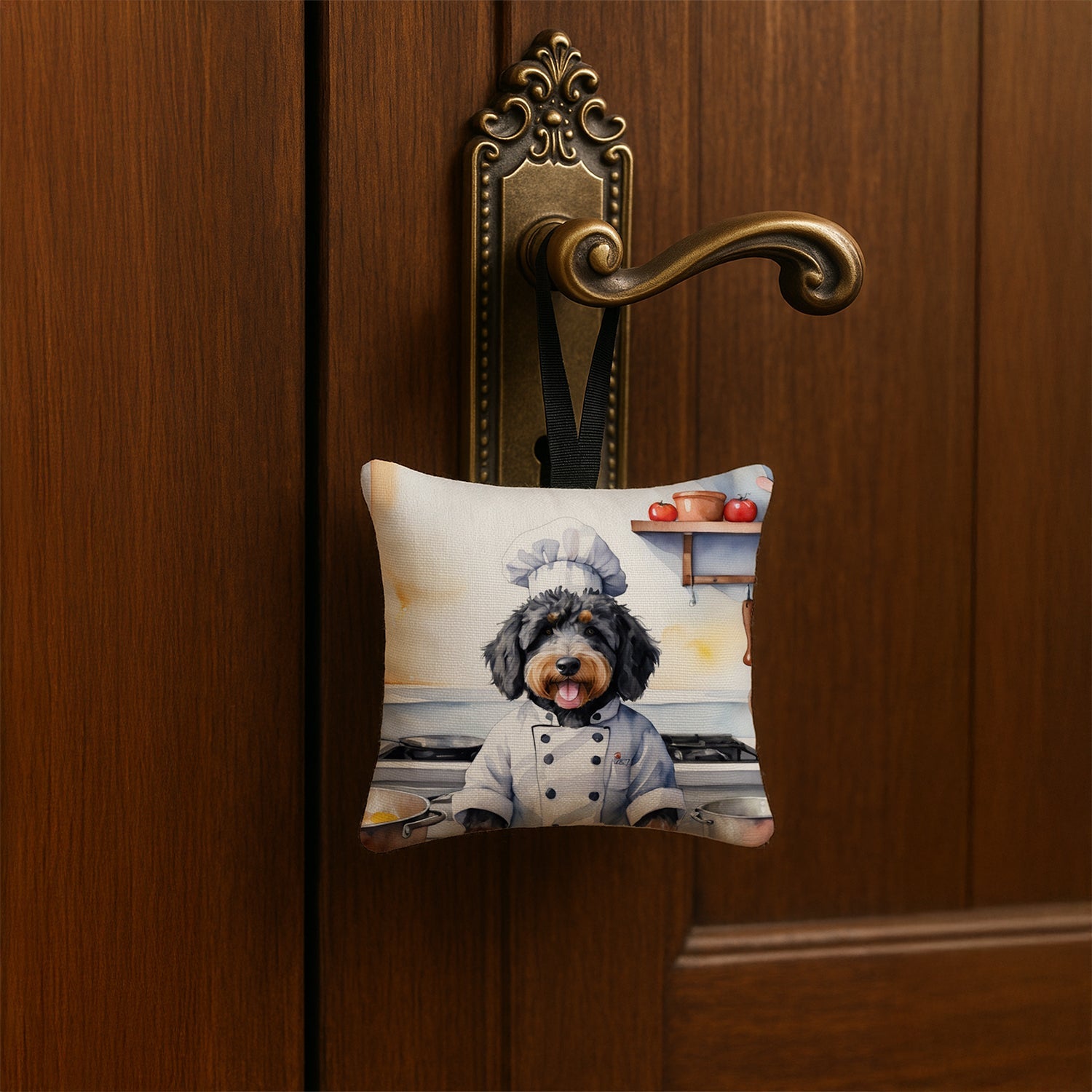 Bernedoodle The Chef Hanging Square Fabric Ornament 3.5 × 3.5 Decorative Door-Knob & Tree Hanger, Soft Fabric
