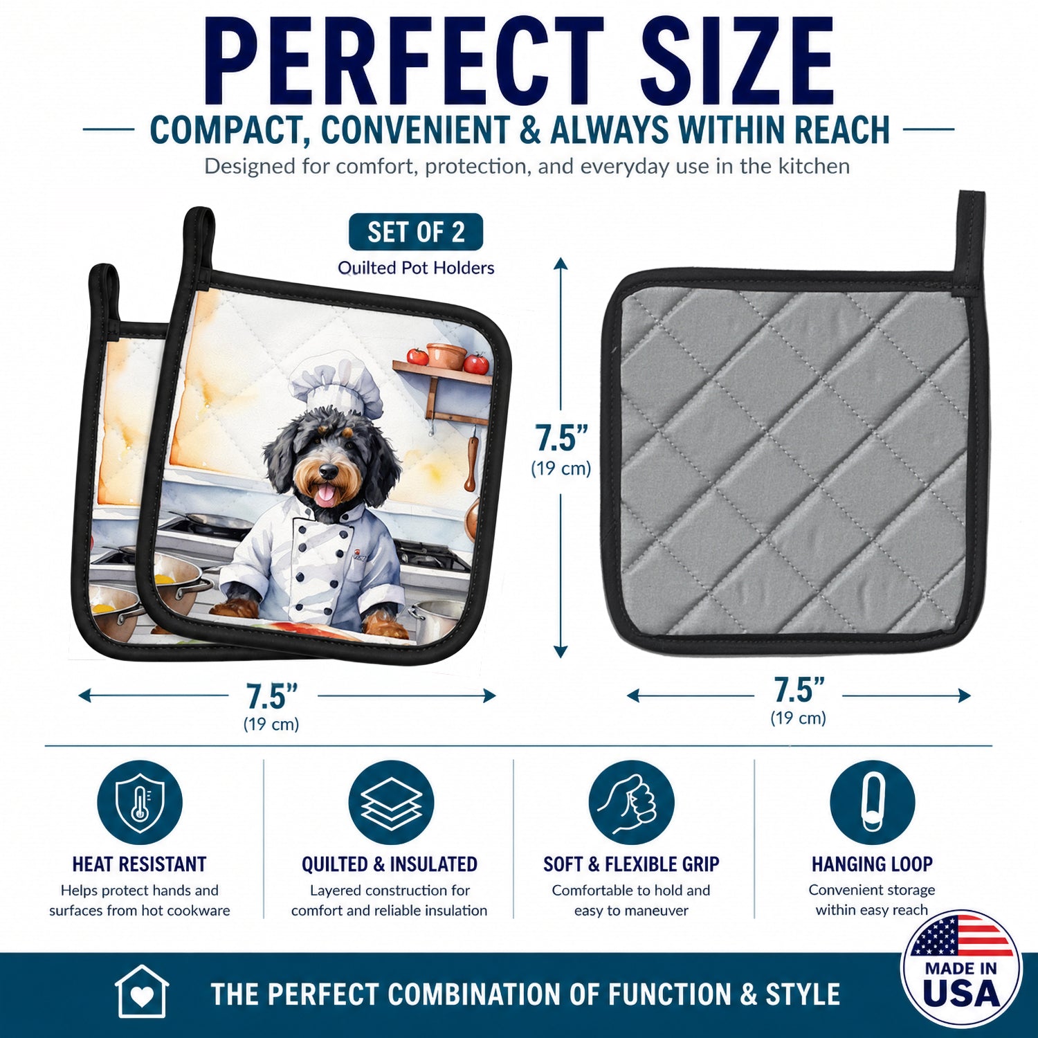 Bernedoodle The Chef Pot Holder Set of 2 Heat Resistant Quilted Hot Pads 7.5 x 7.5 Inch, Insulated Kitchen Trivets for Cooking & Baking