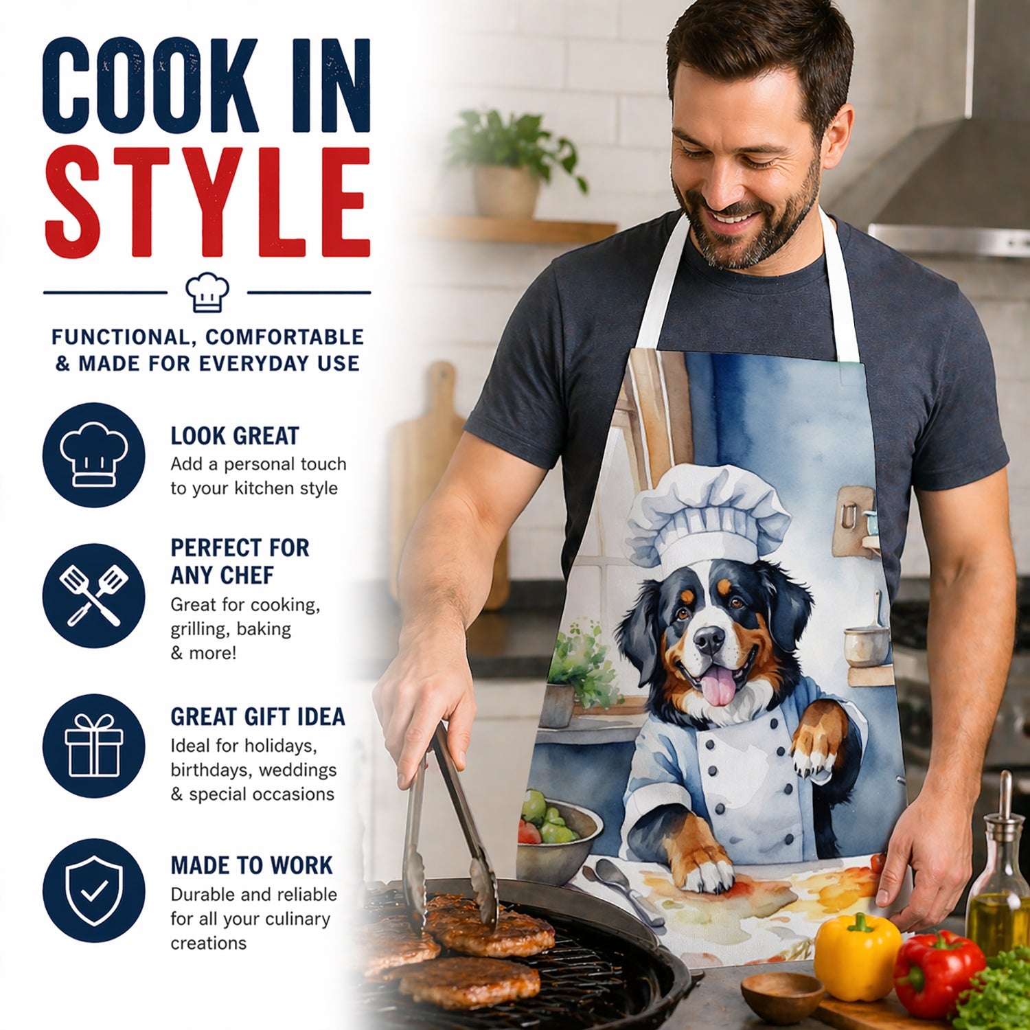 Bernese Mountain Dog The Chef Apron Cooking Kitchen Server Baking Crafts Gardening for Adult Women Men, Unisex, Large, Multicolor