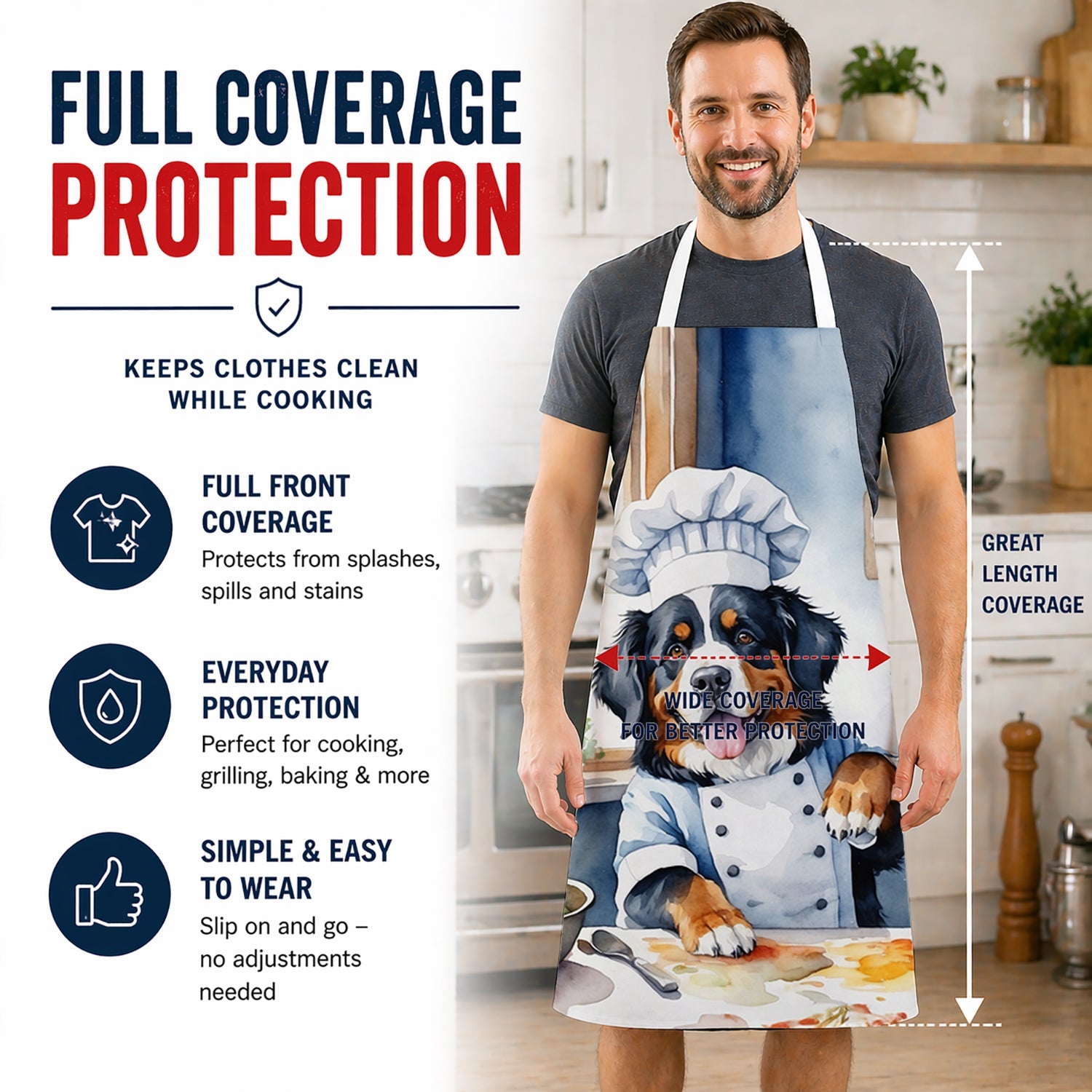 Bernese Mountain Dog The Chef Apron Cooking Kitchen Server Baking Crafts Gardening for Adult Women Men, Unisex, Large, Multicolor
