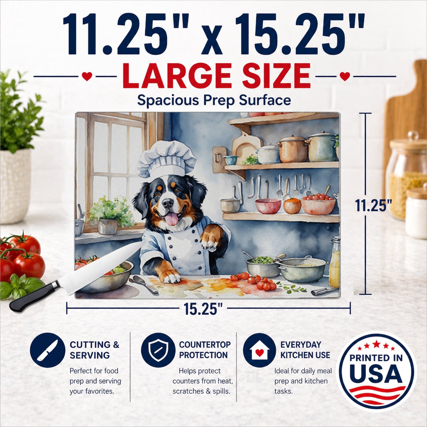 Bernese Mountain Dog The Chef Cutting Board Tempered Glass Kitchen Cutting Surface, Heat Resistant Chopping, Non-Slip Feet, Food Prep & Serving