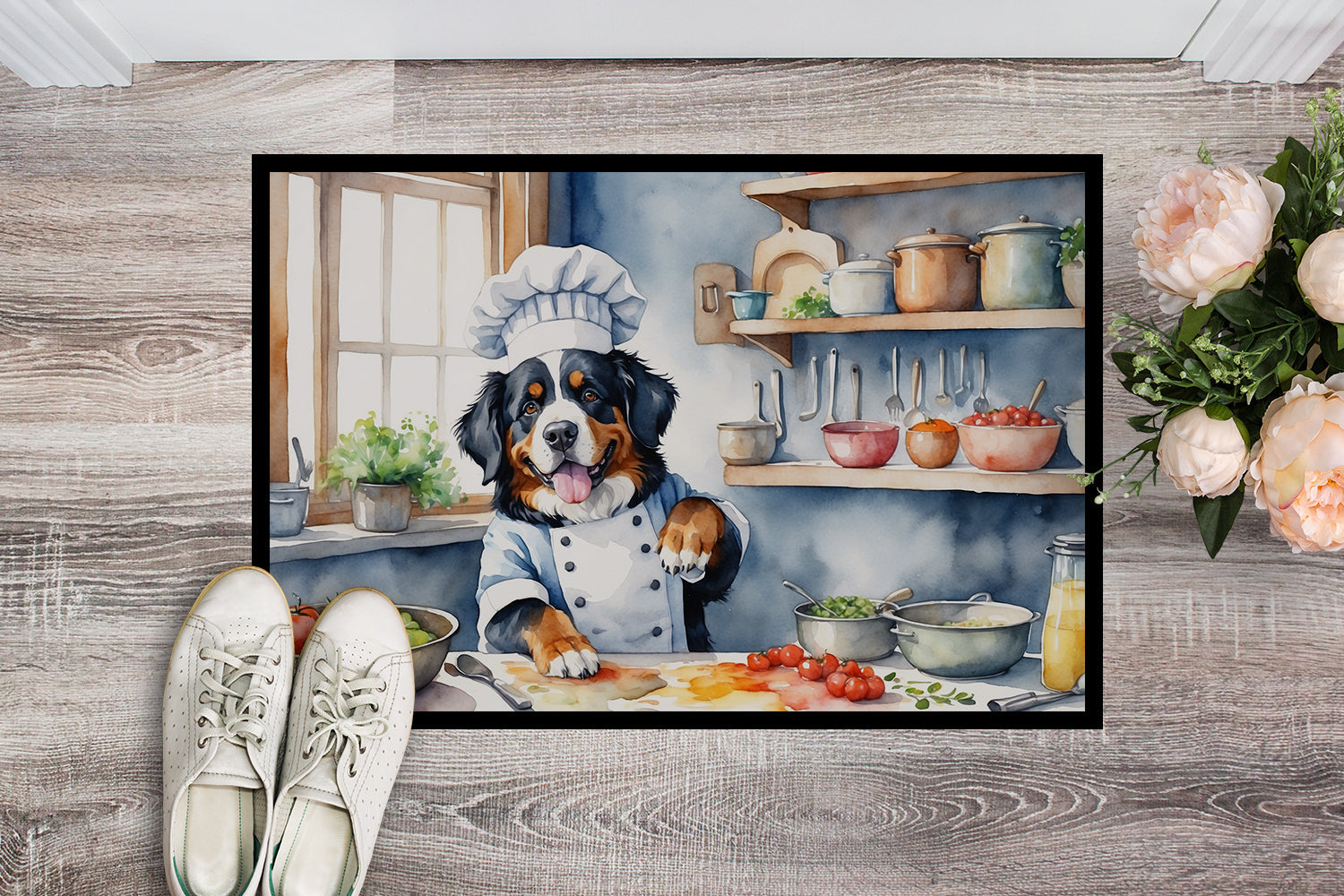 Bernese Mountain Dog The Chef Doormat Indoor Outdoor 18H X 27W Front Door Mat Rugs for Entryway, Non Slip Washable