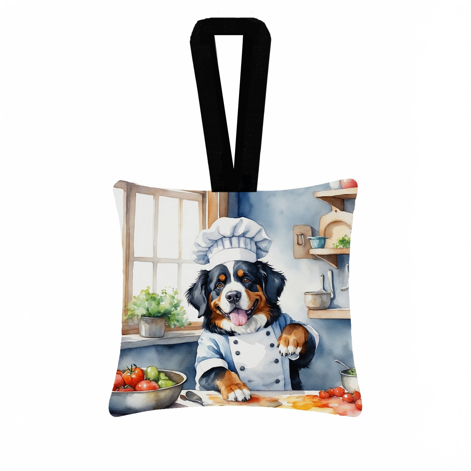 Bernese Mountain Dog The Chef Hanging Square Fabric Ornament 3.5 × 3.5 Decorative Door-Knob & Tree Hanger, Soft Fabric