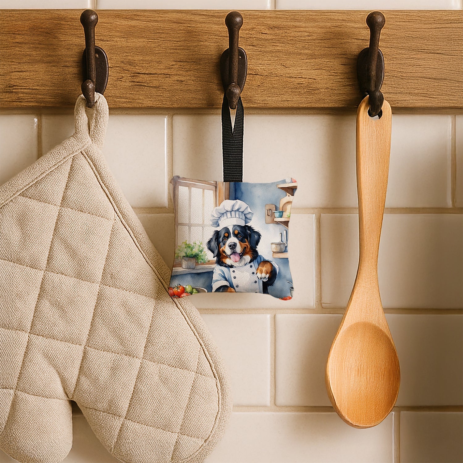Bernese Mountain Dog The Chef Hanging Square Fabric Ornament 3.5 × 3.5 Decorative Door-Knob & Tree Hanger, Soft Fabric