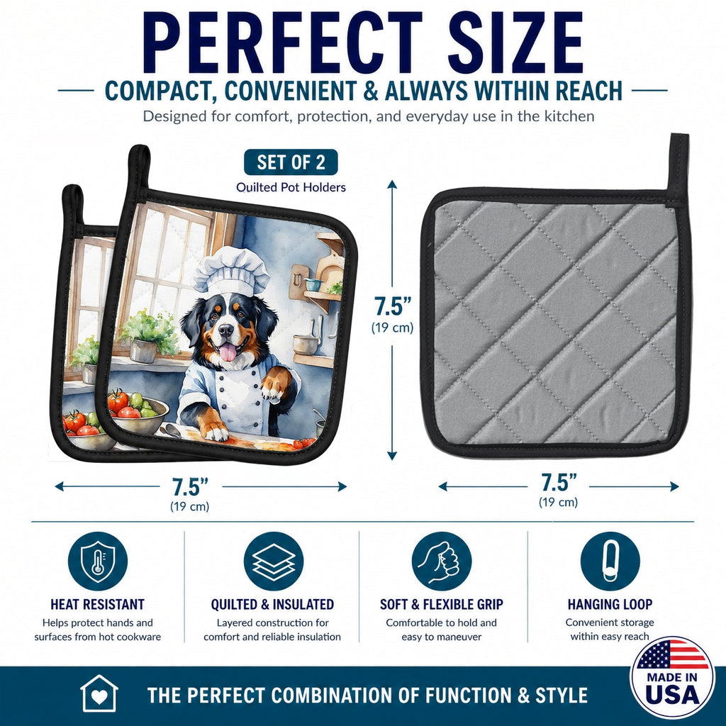 Bernese Mountain Dog The Chef Pot Holder Set of 2 Heat Resistant Quilted Hot Pads 7.5 x 7.5 Inch, Insulated Kitchen Trivets for Cooking & Baking