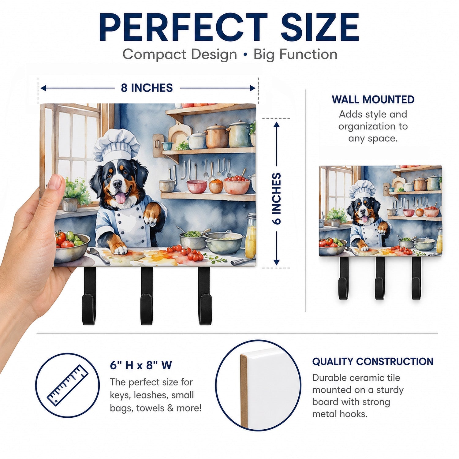 Bernese Mountain Dog The Chef Leash or Key Holder Wall Hooks, Coat Rack Wall Mount, for Hanging Keys, Towels, Aprons, Leashes