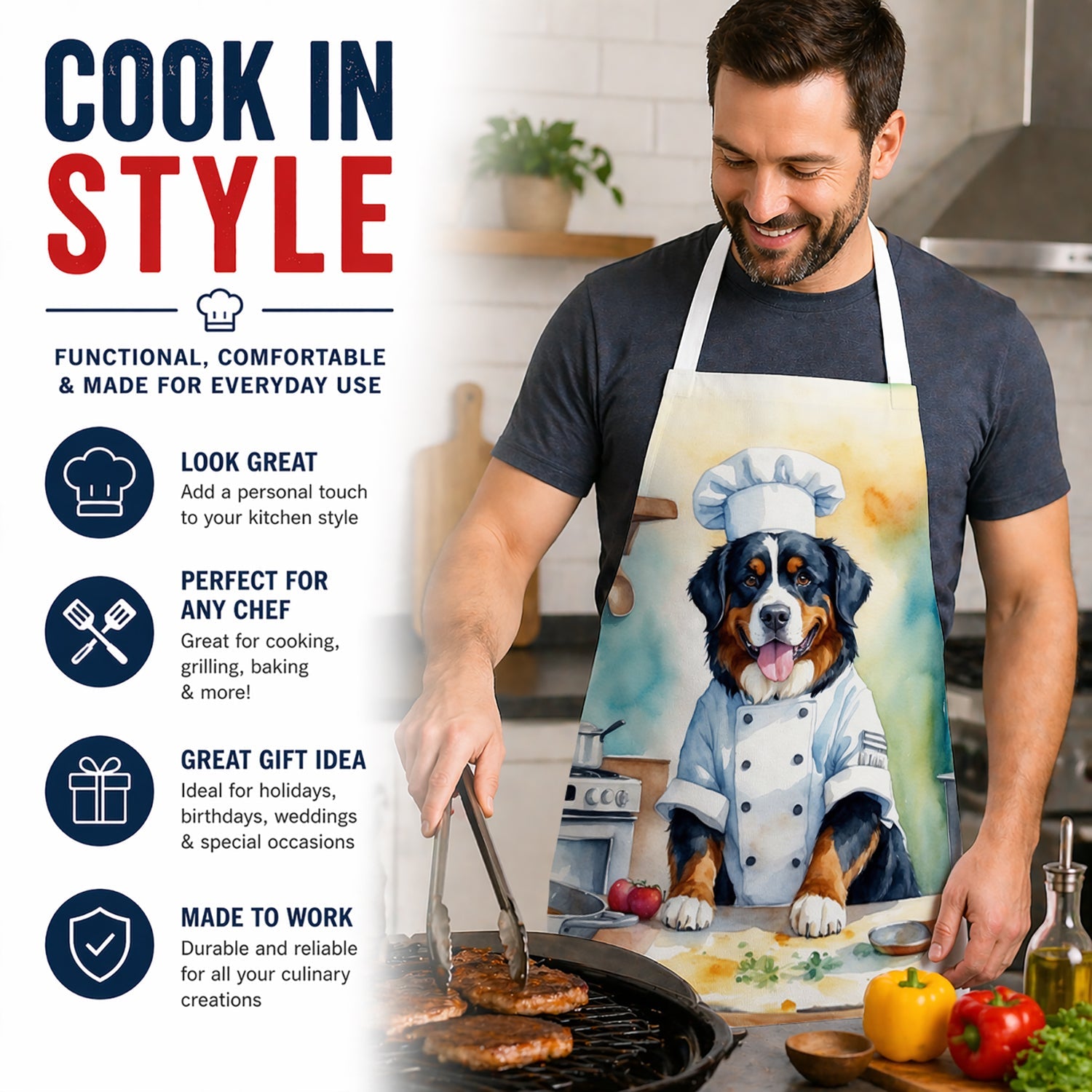 Bernese Mountain Dog The Chef Apron Cooking Kitchen Server Baking Crafts Gardening for Adult Women Men, Unisex, Large, Multicolor