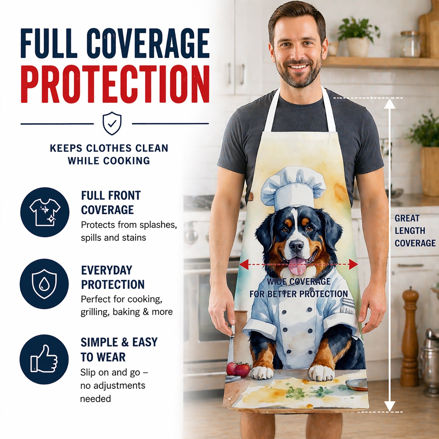 Bernese Mountain Dog The Chef Apron Cooking Kitchen Server Baking Crafts Gardening for Adult Women Men, Unisex, Large, Multicolor
