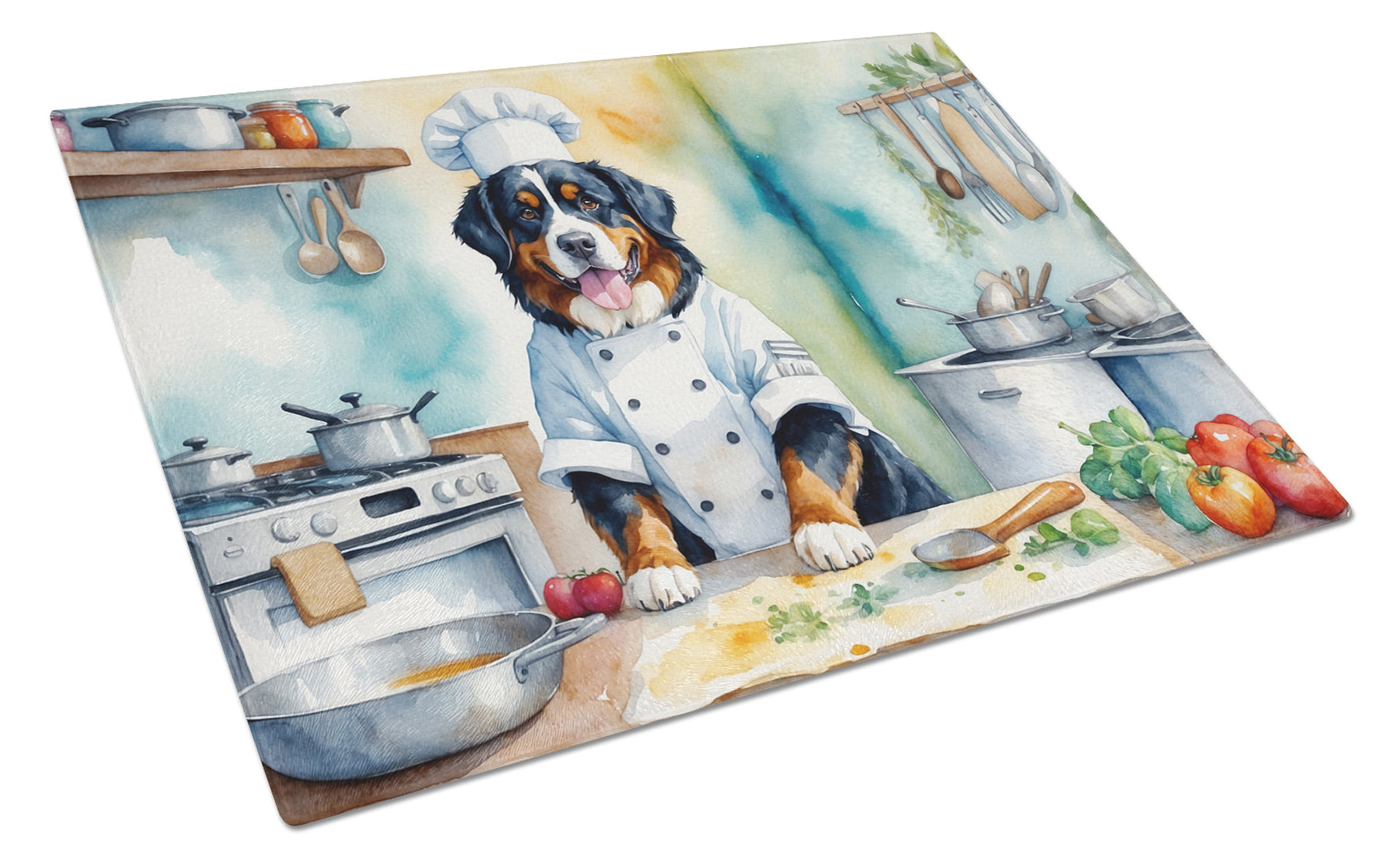 Bernese Mountain Dog The Chef Cutting Board Tempered Glass Kitchen Cutting Surface, Heat Resistant Chopping, Non-Slip Feet, Food Prep & Serving
