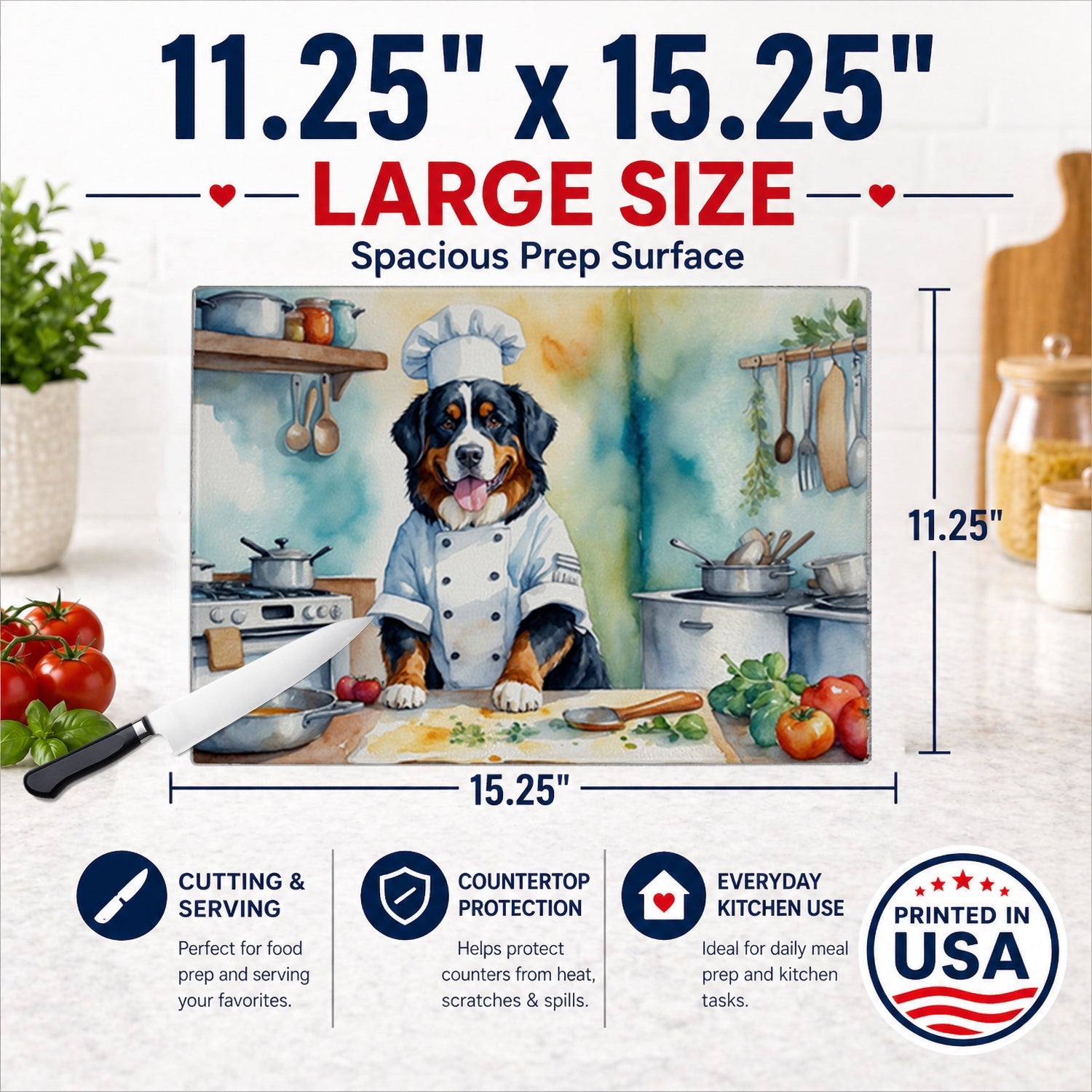 Bernese Mountain Dog The Chef Cutting Board Tempered Glass Kitchen Cutting Surface, Heat Resistant Chopping, Non-Slip Feet, Food Prep & Serving
