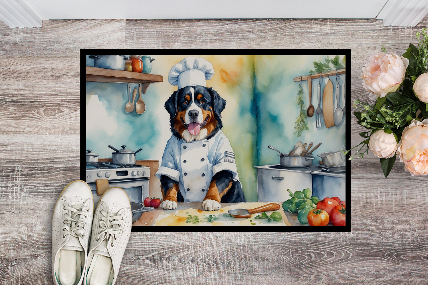 Bernese Mountain Dog The Chef Doormat Indoor Outdoor 18H X 27W Front Door Mat Rugs for Entryway, Non Slip Washable
