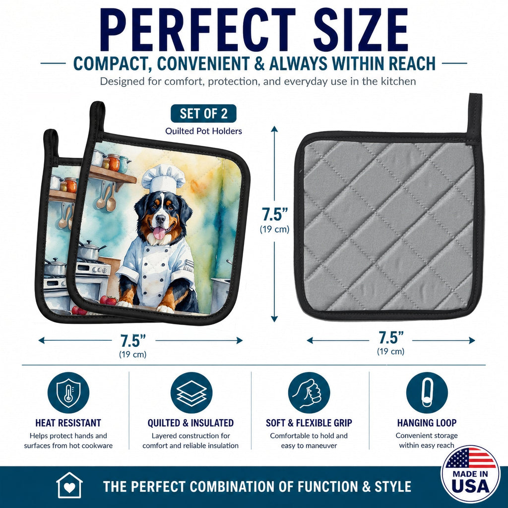 Bernese Mountain Dog The Chef Pot Holder Set of 2 Heat Resistant Quilted Hot Pads 7.5 x 7.5 Inch, Insulated Kitchen Trivets for Cooking & Baking