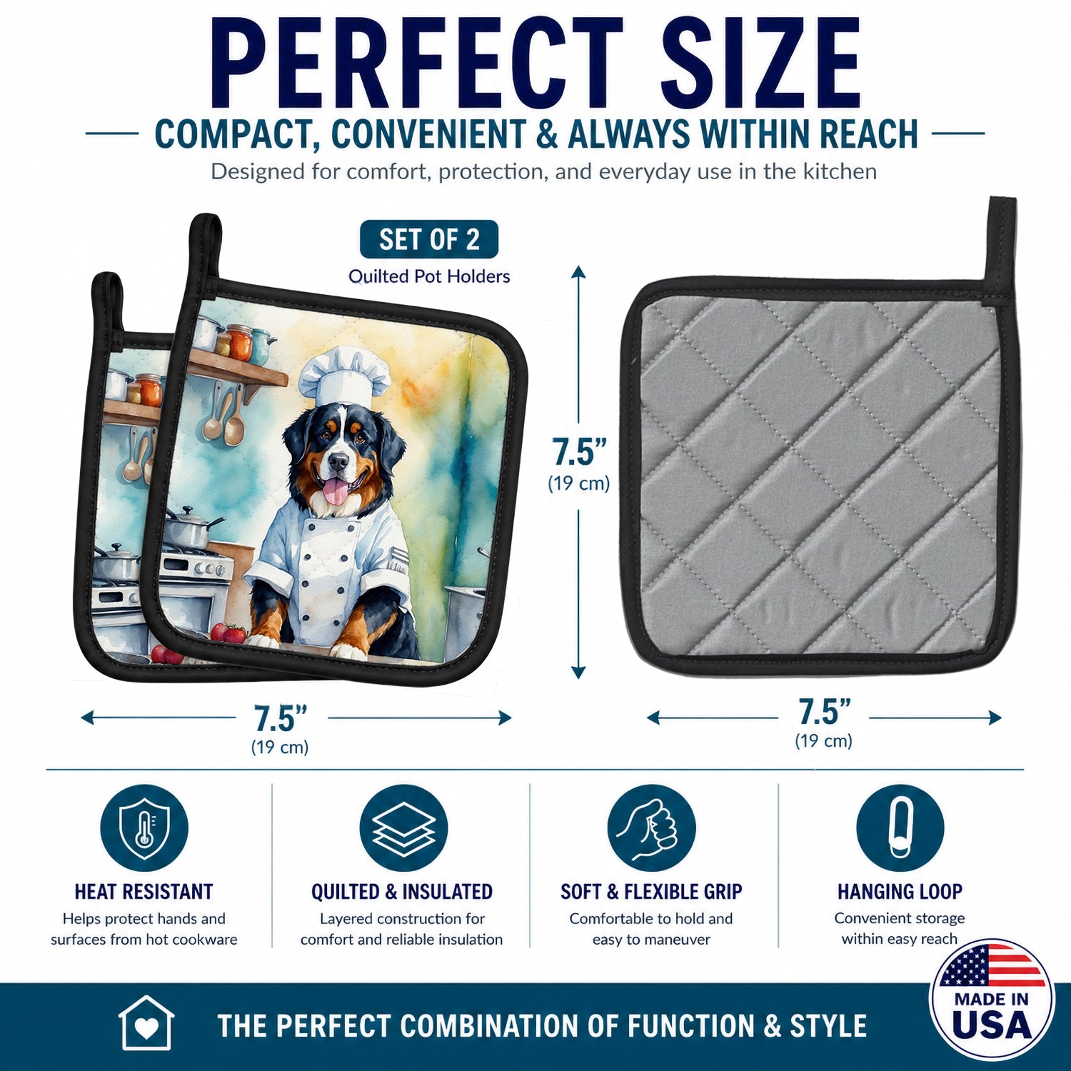 Bernese Mountain Dog The Chef Pot Holder Set of 2 Heat Resistant Quilted Hot Pads 7.5 x 7.5 Inch, Insulated Kitchen Trivets for Cooking & Baking
