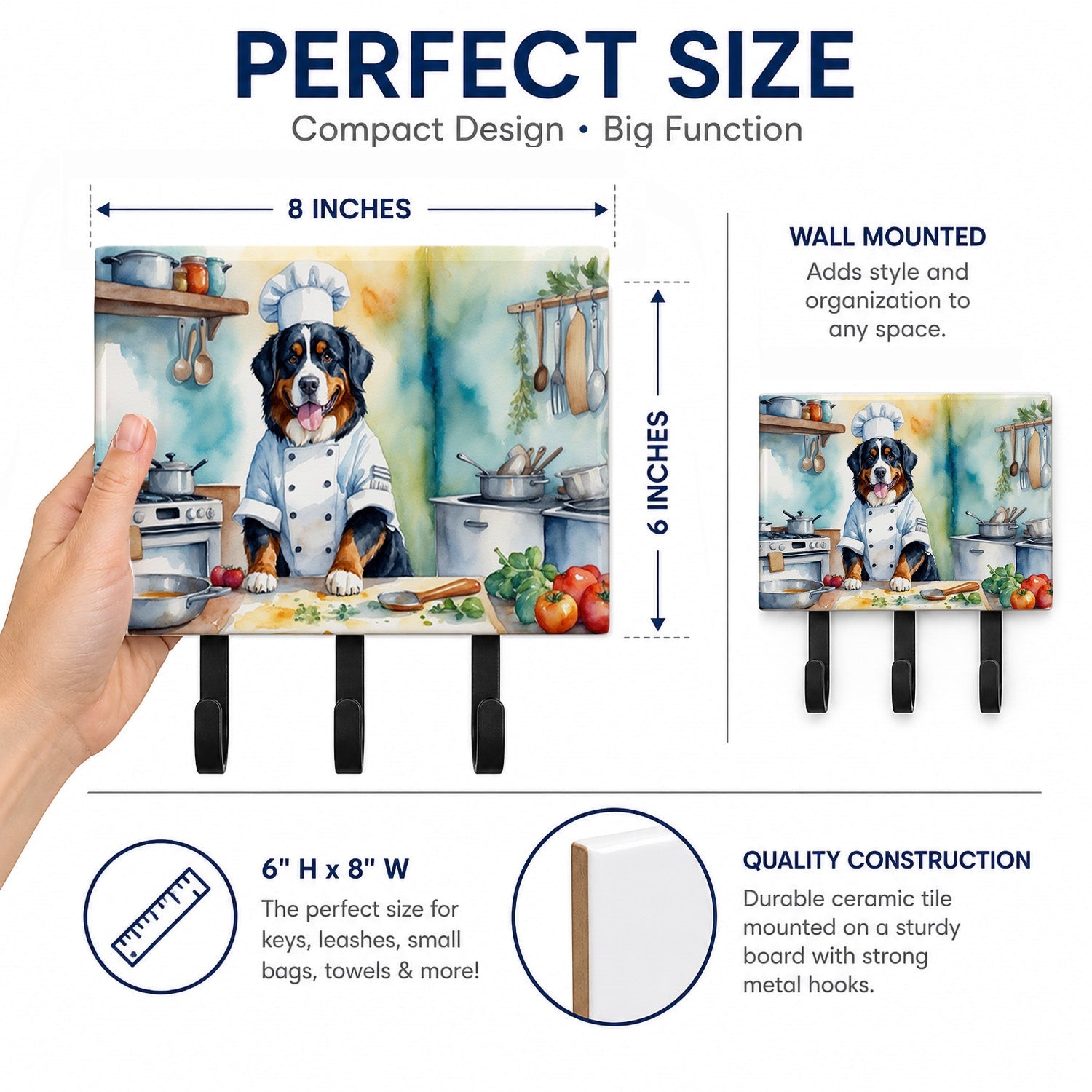 Bernese Mountain Dog The Chef Leash or Key Holder Wall Hooks, Coat Rack Wall Mount, for Hanging Keys, Towels, Aprons, Leashes