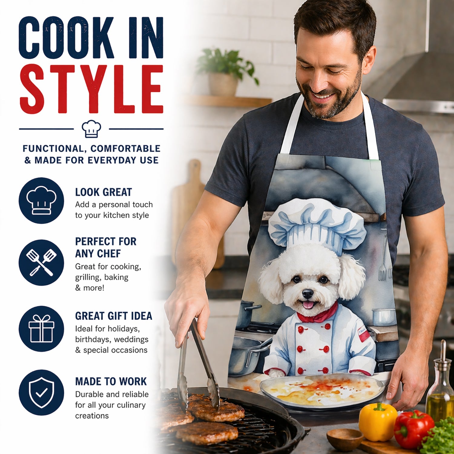 Bichon Frise The Chef Apron Cooking Kitchen Server Baking Crafts Gardening for Adult Women Men, Unisex, Large, Multicolor
