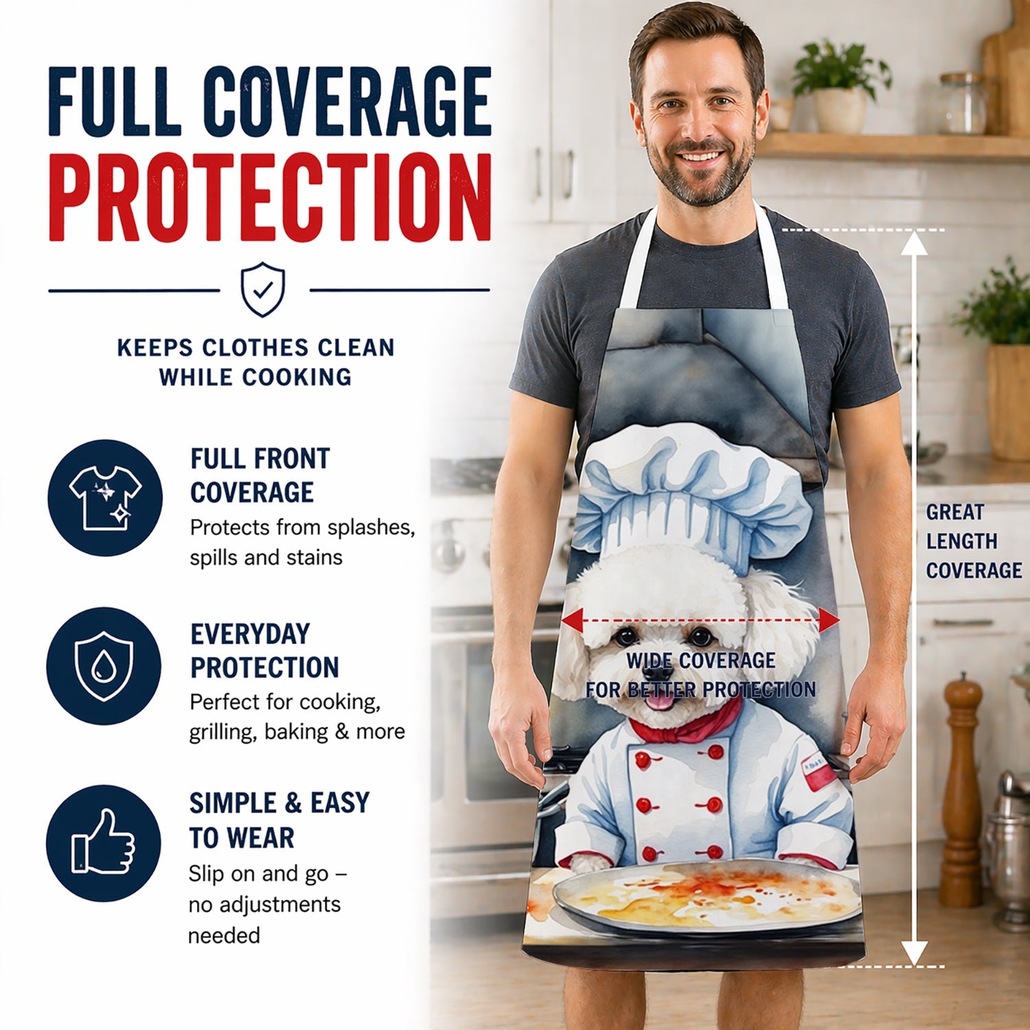 Bichon Frise The Chef Apron Cooking Kitchen Server Baking Crafts Gardening for Adult Women Men, Unisex, Large, Multicolor
