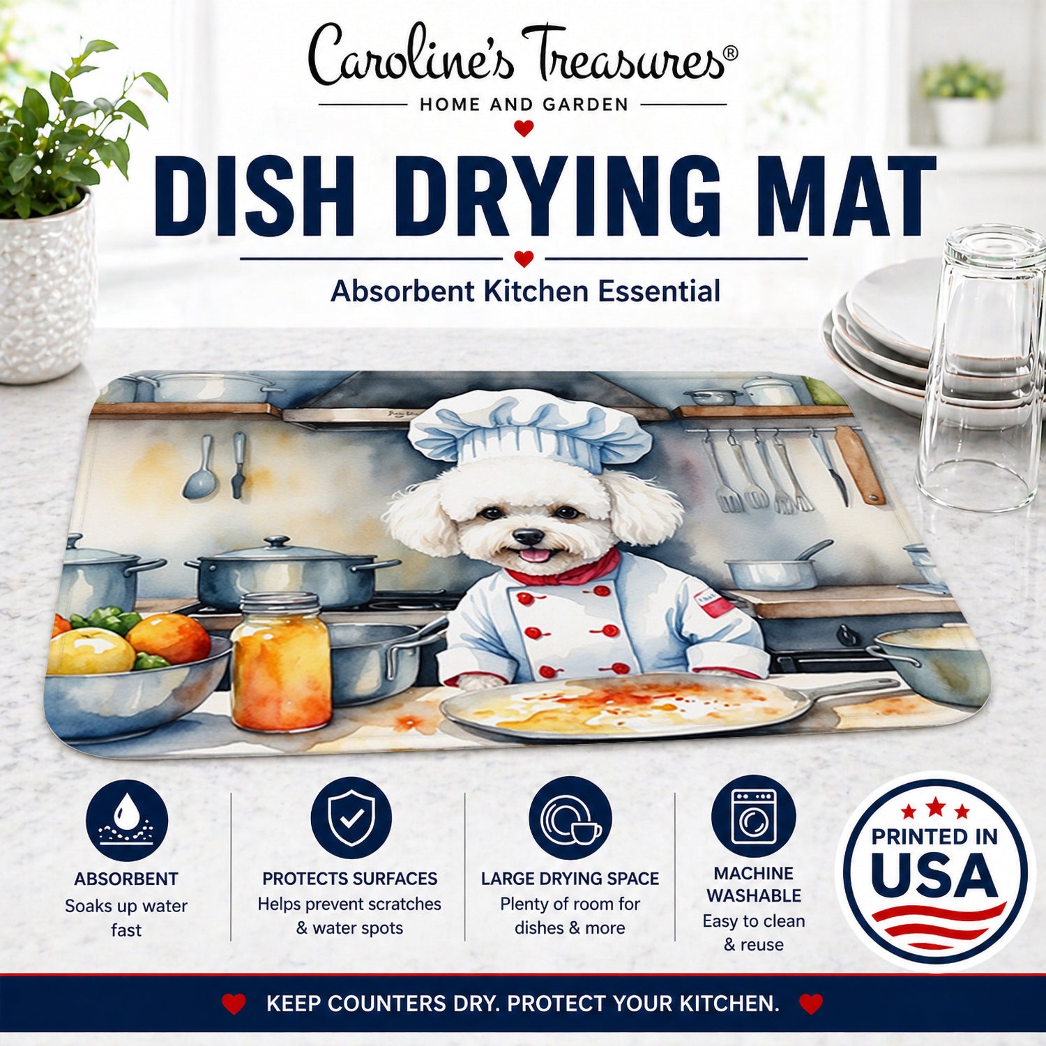 Bichon Frise The Chef Dish Drying Mat Absorbent Dish Drying Mat Pad for Kitchen Counter Dish Drainer Mat for Countertop, 14 x 21", Multicolor