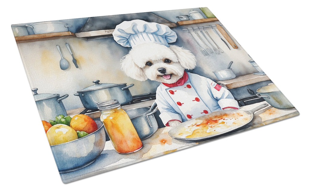 Bichon Frise The Chef Cutting Board Tempered Glass Kitchen Cutting Surface, Heat Resistant Chopping, Non-Slip Feet, Food Prep & Serving