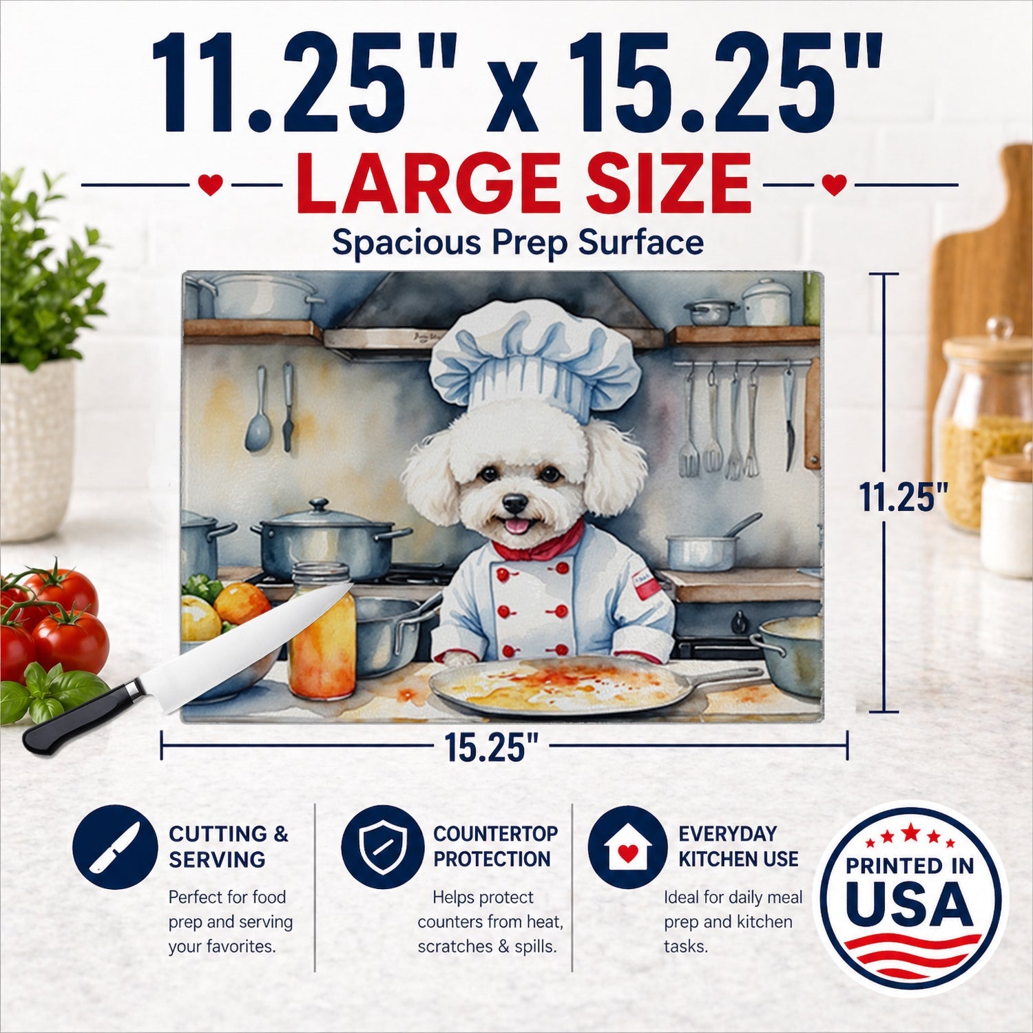Bichon Frise The Chef Cutting Board Tempered Glass Kitchen Cutting Surface, Heat Resistant Chopping, Non-Slip Feet, Food Prep & Serving