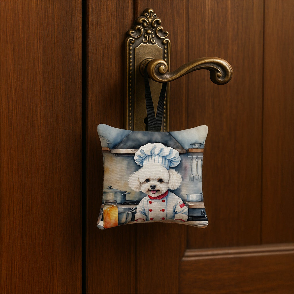 Bichon Frise The Chef Hanging Square Fabric Ornament 3.5 × 3.5 Decorative Door-Knob & Tree Hanger, Soft Fabric