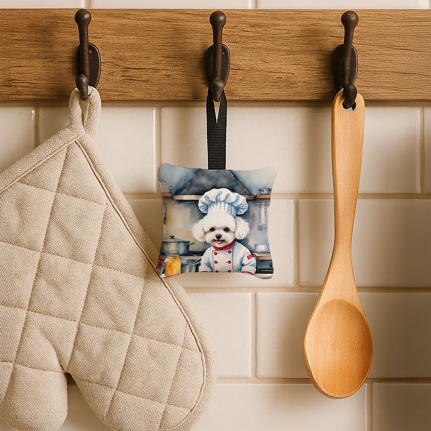 Bichon Frise The Chef Hanging Square Fabric Ornament 3.5 × 3.5 Decorative Door-Knob & Tree Hanger, Soft Fabric
