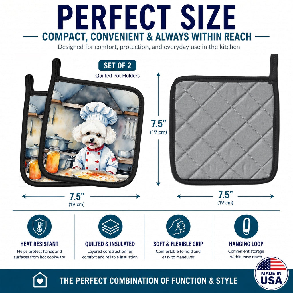 Bichon Frise The Chef Pot Holder Set of 2 Heat Resistant Quilted Hot Pads 7.5 x 7.5 Inch, Insulated Kitchen Trivets for Cooking & Baking