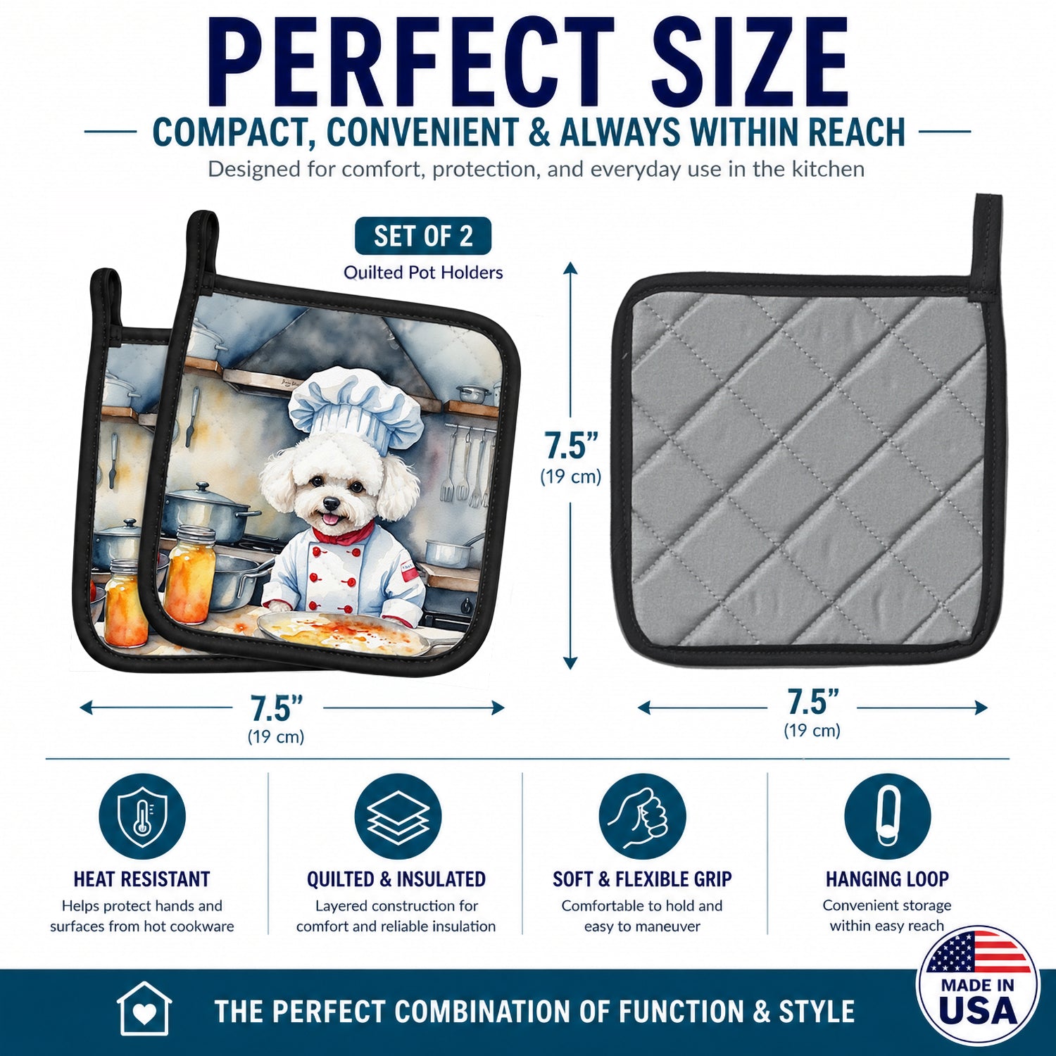 Bichon Frise The Chef Pot Holder Set of 2 Heat Resistant Quilted Hot Pads 7.5 x 7.5 Inch, Insulated Kitchen Trivets for Cooking & Baking