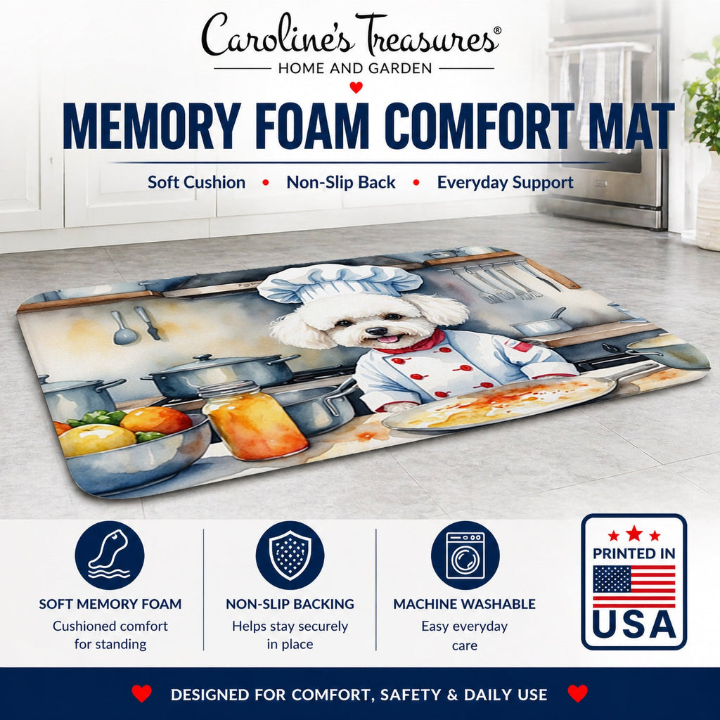 Bichon Frise The Chef Memory Foam Kitchen Mat Machine Washable Anti-Fatigue Cushion Comfort Bath or Kitchen Rug