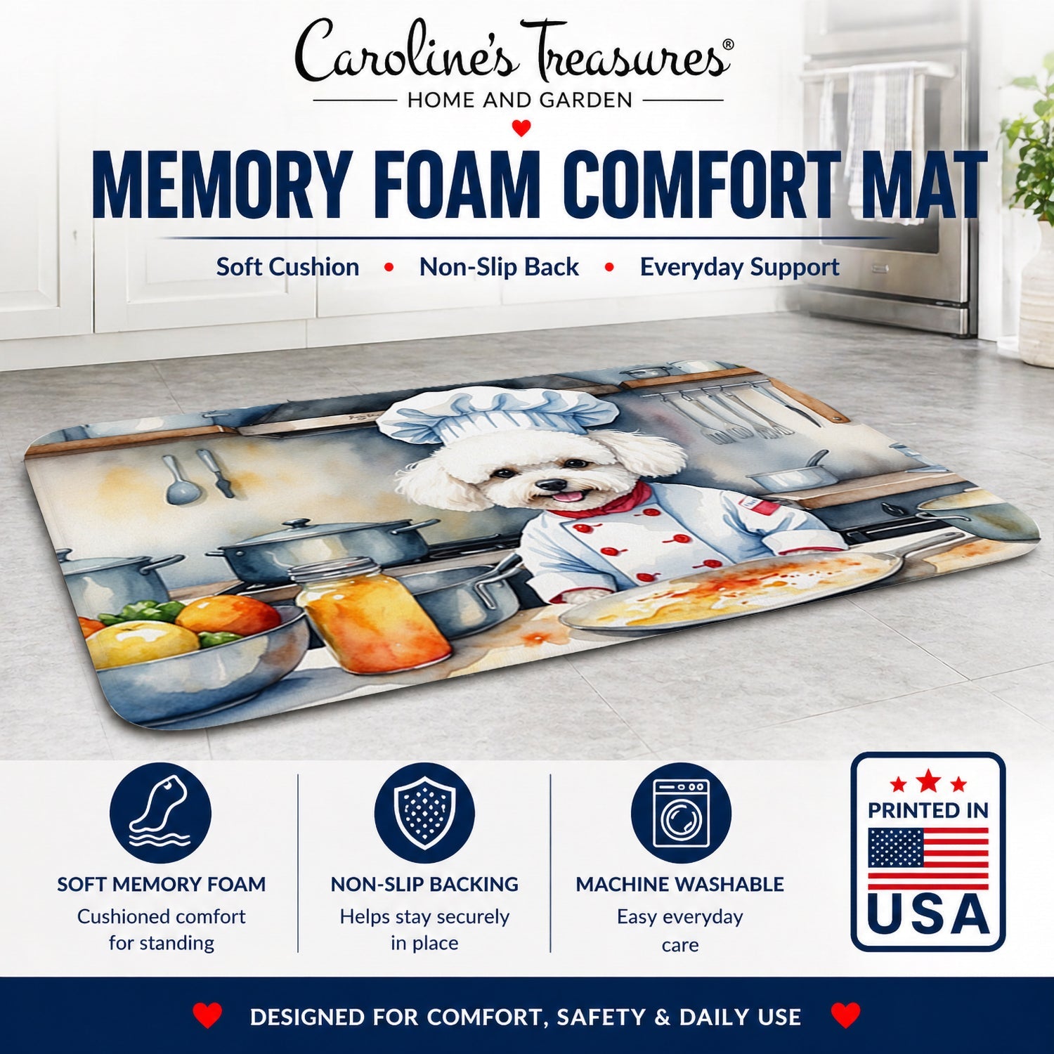 Bichon Frise The Chef Memory Foam Kitchen Mat Machine Washable Anti-Fatigue Cushion Comfort Bath or Kitchen Rug