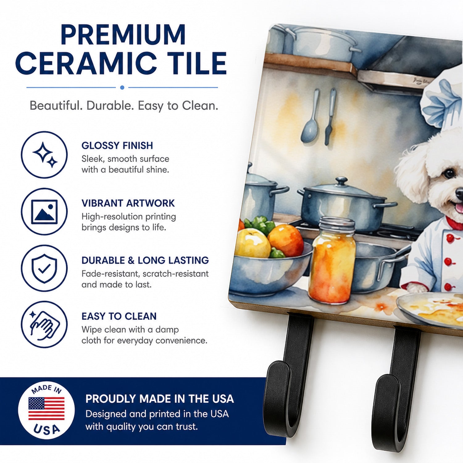 Bichon Frise The Chef Leash or Key Holder Wall Hooks, Coat Rack Wall Mount, for Hanging Keys, Towels, Aprons, Leashes