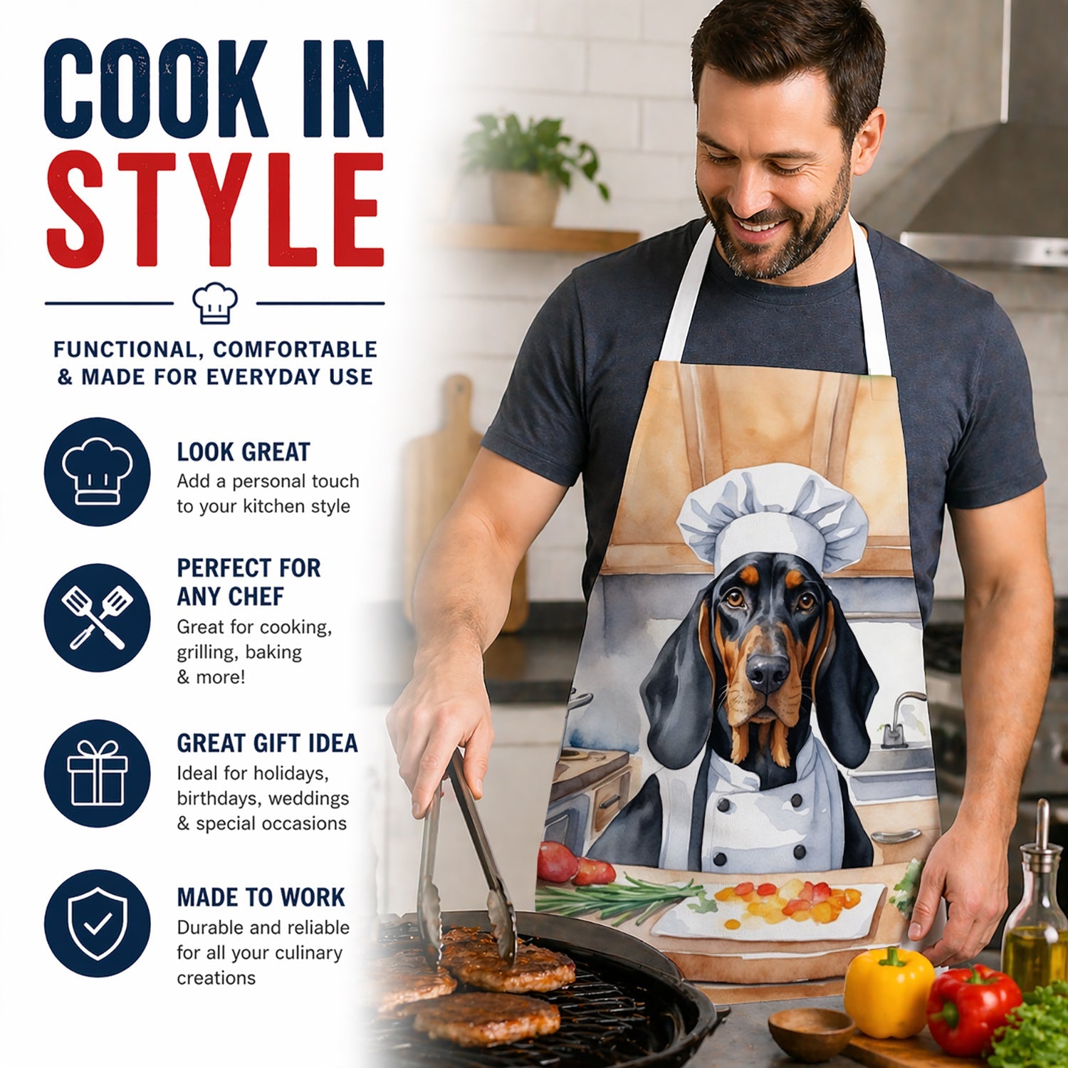 Black and Tan Coonhound The Chef Apron Cooking Kitchen Server Baking Crafts Gardening for Adult Women Men, Unisex, Large, Multicolor