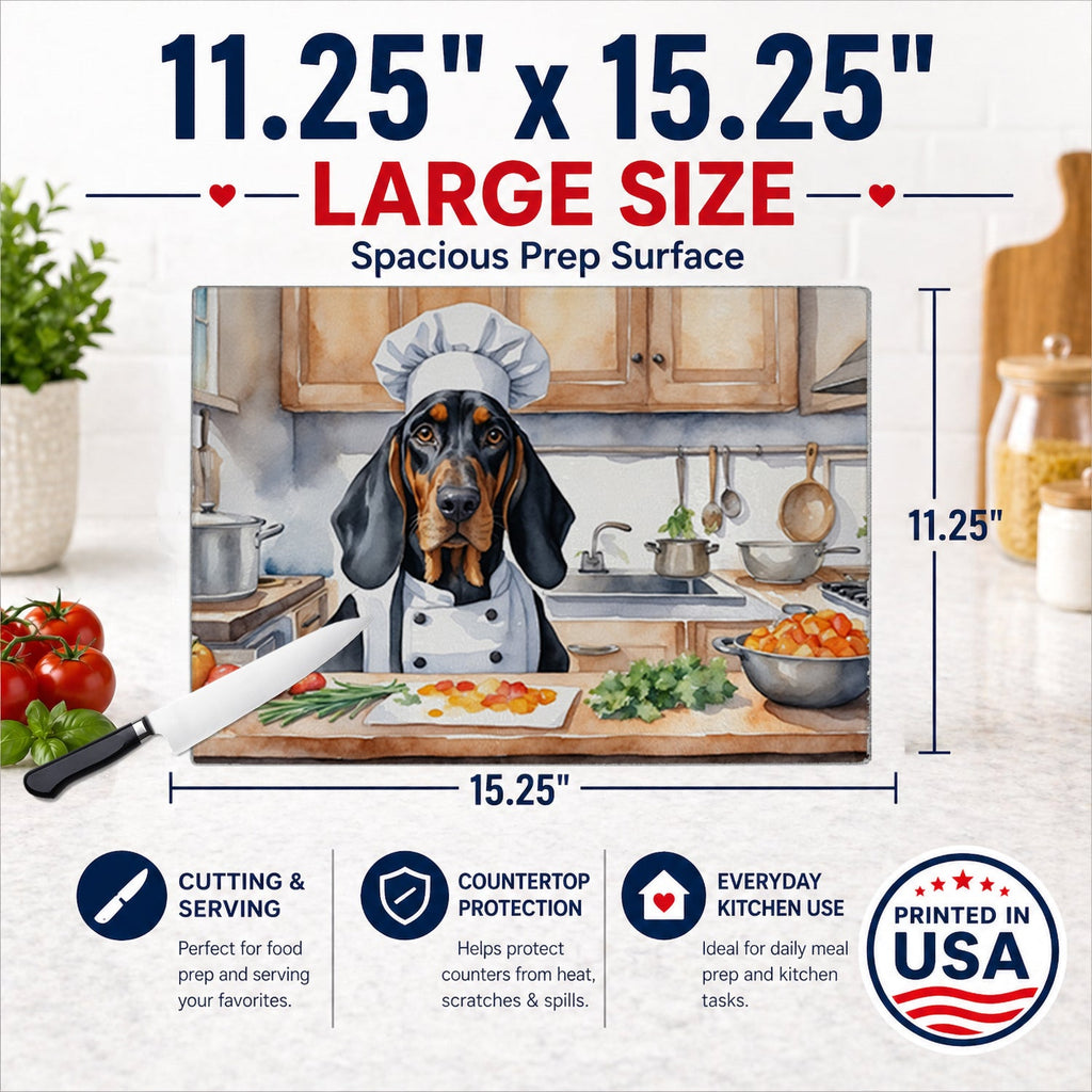 Black and Tan Coonhound The Chef Cutting Board Tempered Glass Kitchen Cutting Surface, Heat Resistant Chopping, Non-Slip Feet, Food Prep & Serving