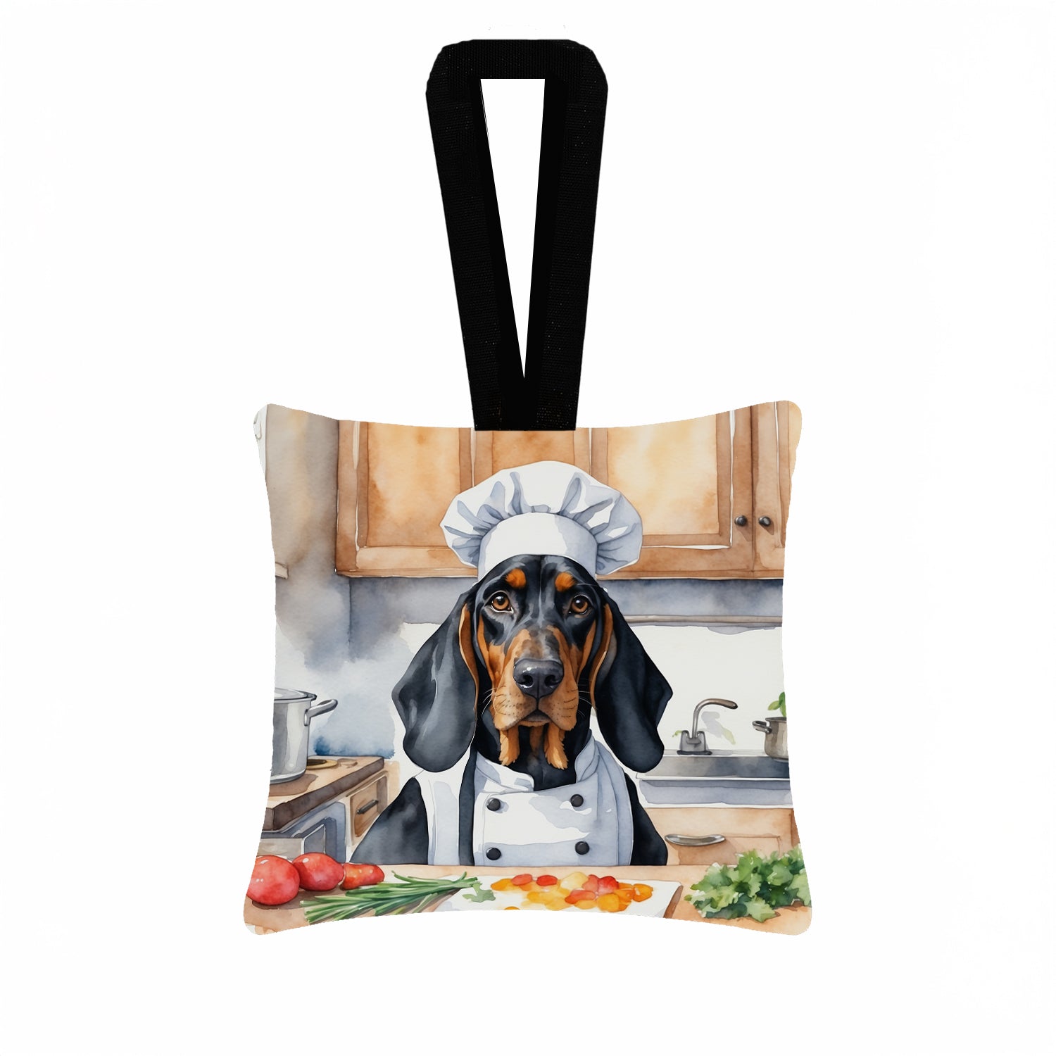 Black and Tan Coonhound The Chef Hanging Square Fabric Ornament 3.5 × 3.5 Decorative Door-Knob & Tree Hanger, Soft Fabric
