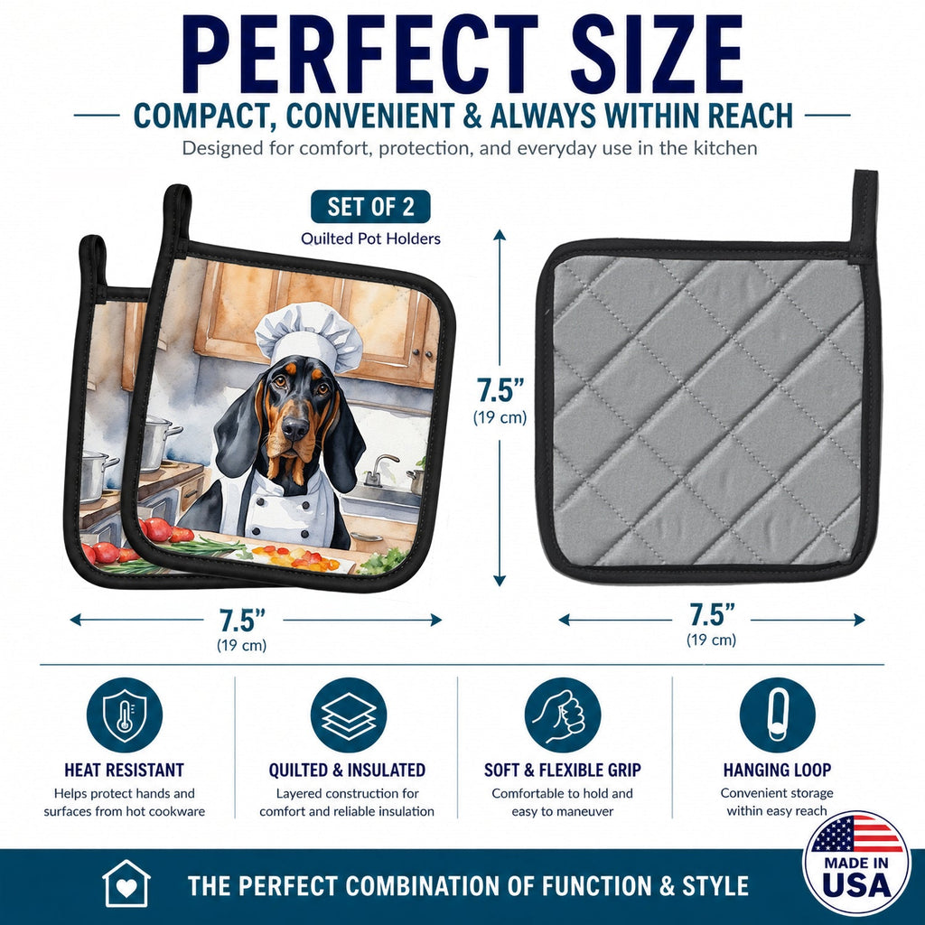 Black and Tan Coonhound The Chef Pot Holder Set of 2 Heat Resistant Quilted Hot Pads 7.5 x 7.5 Inch, Insulated Kitchen Trivets for Cooking & Baking